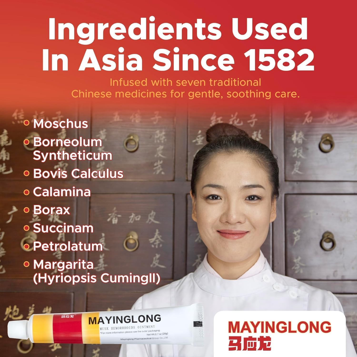 Close up of Mayinglong Musk ointment 20 grams box detailing application instructions
