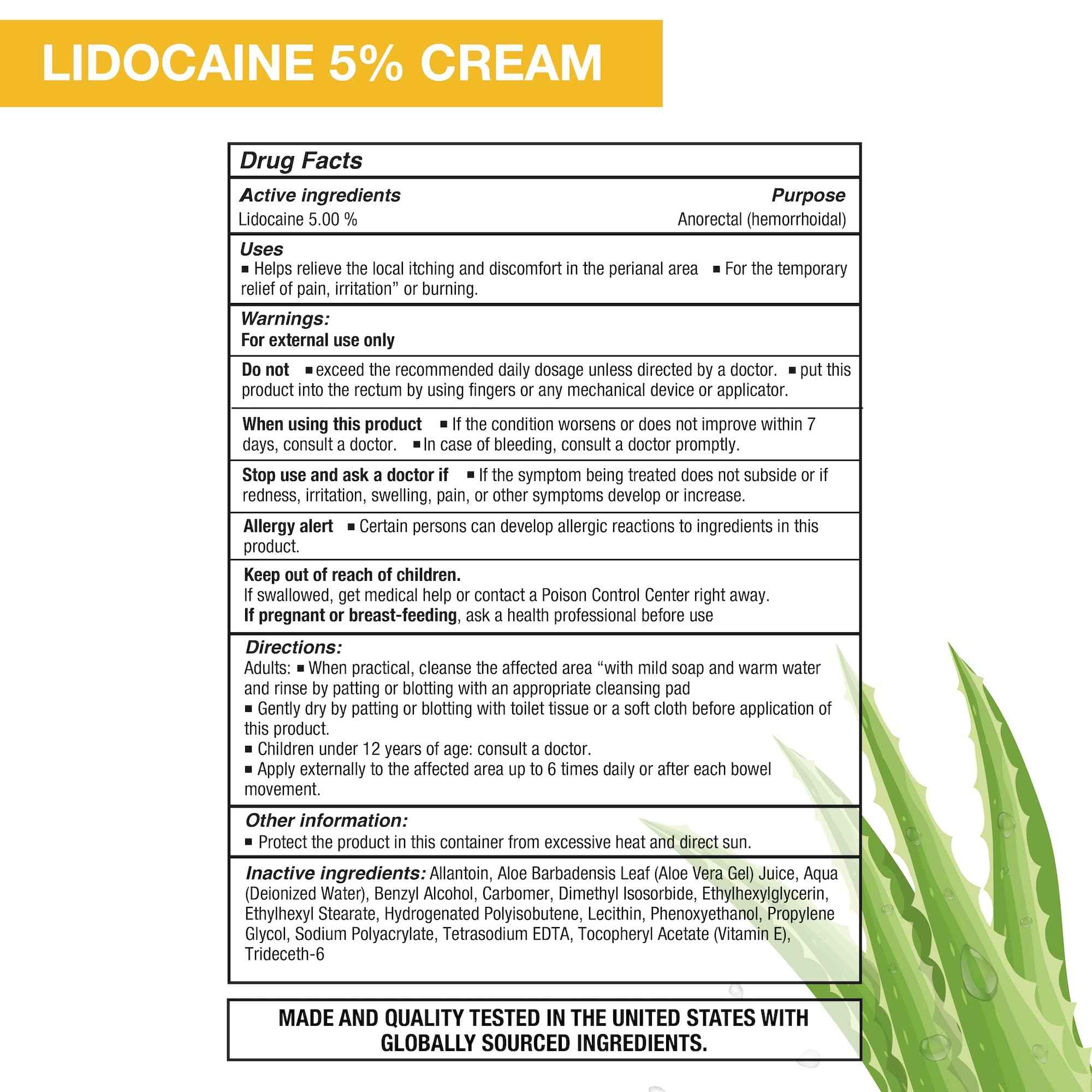Puregen Labs hemorrhoidal numbing cream label detailing the five percent lidocaine content and aloe vera enrichment.