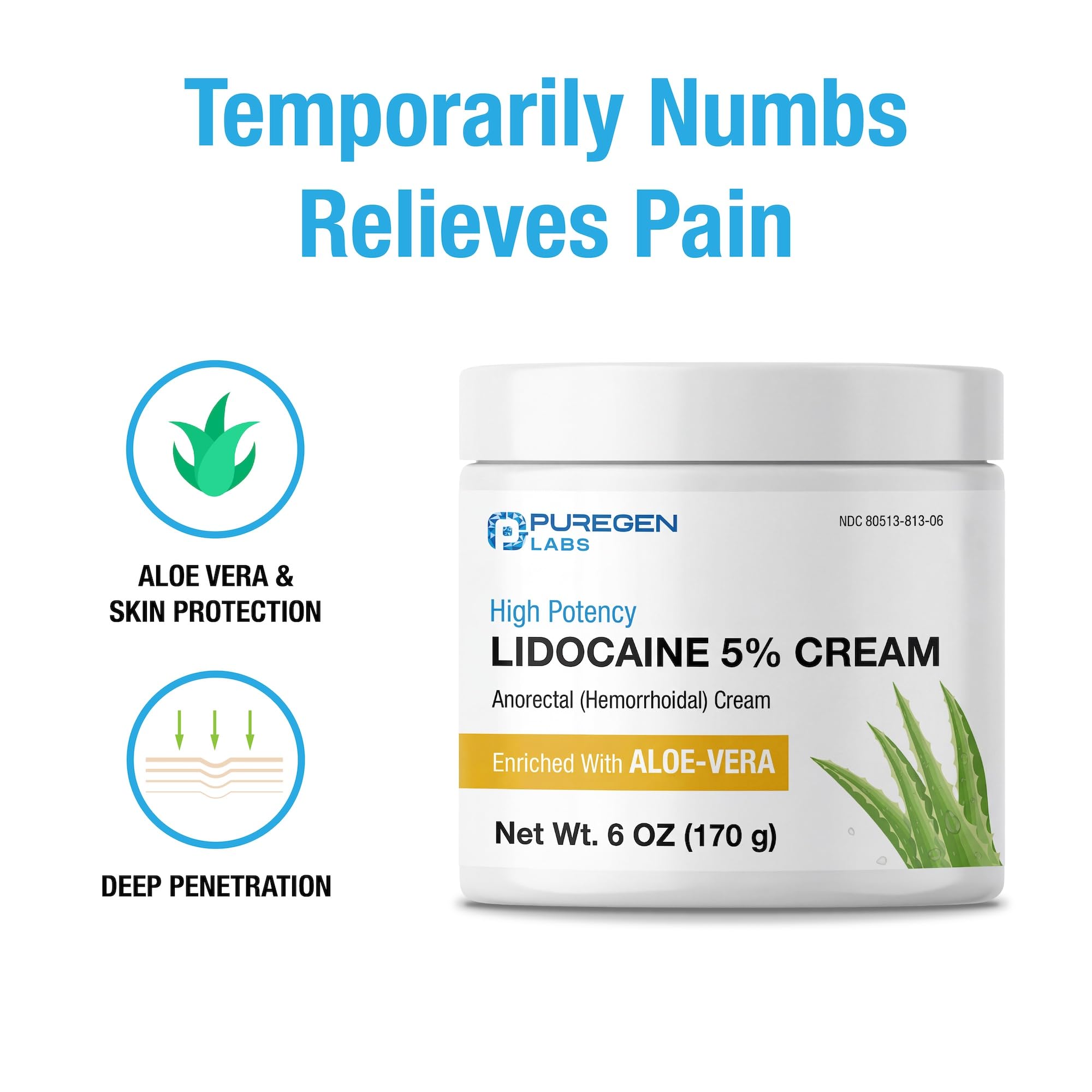 Side view of Puregen Labs anorectal relief cream showing product texture and quick numbing benefits.