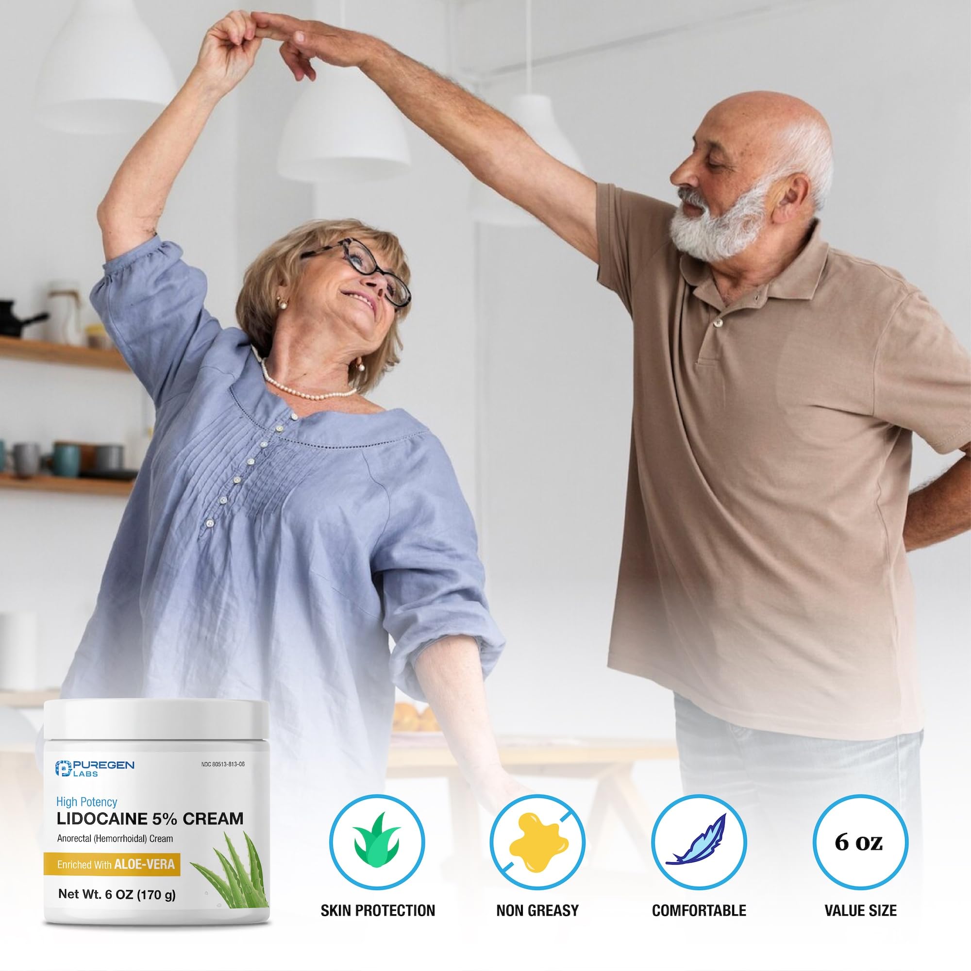 Authentic imported Puregen Labs 5% lidocaine jar illustrating the non-greasy formula for hemorrhoid pain and itch relief.