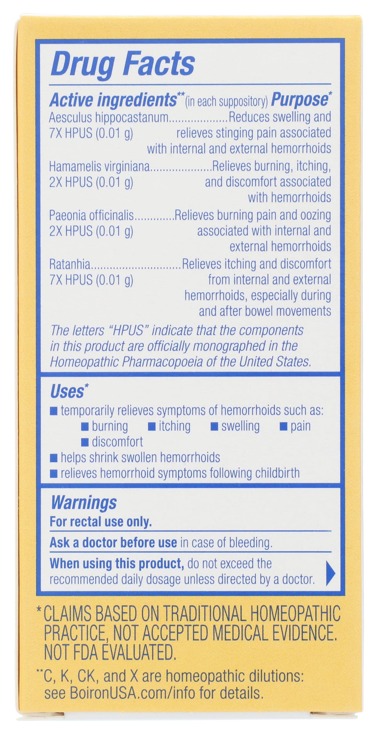 Back packaging of Boiron HemCalm Suppositories showing plant based active ingredients and drug facts.