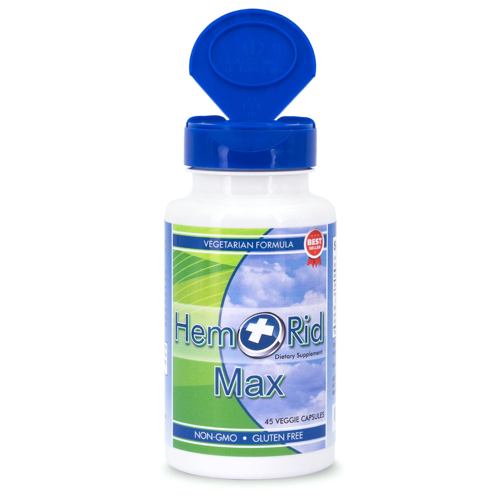 HemRid Max vegetarian capsules bottle showcasing the fast acting formula.