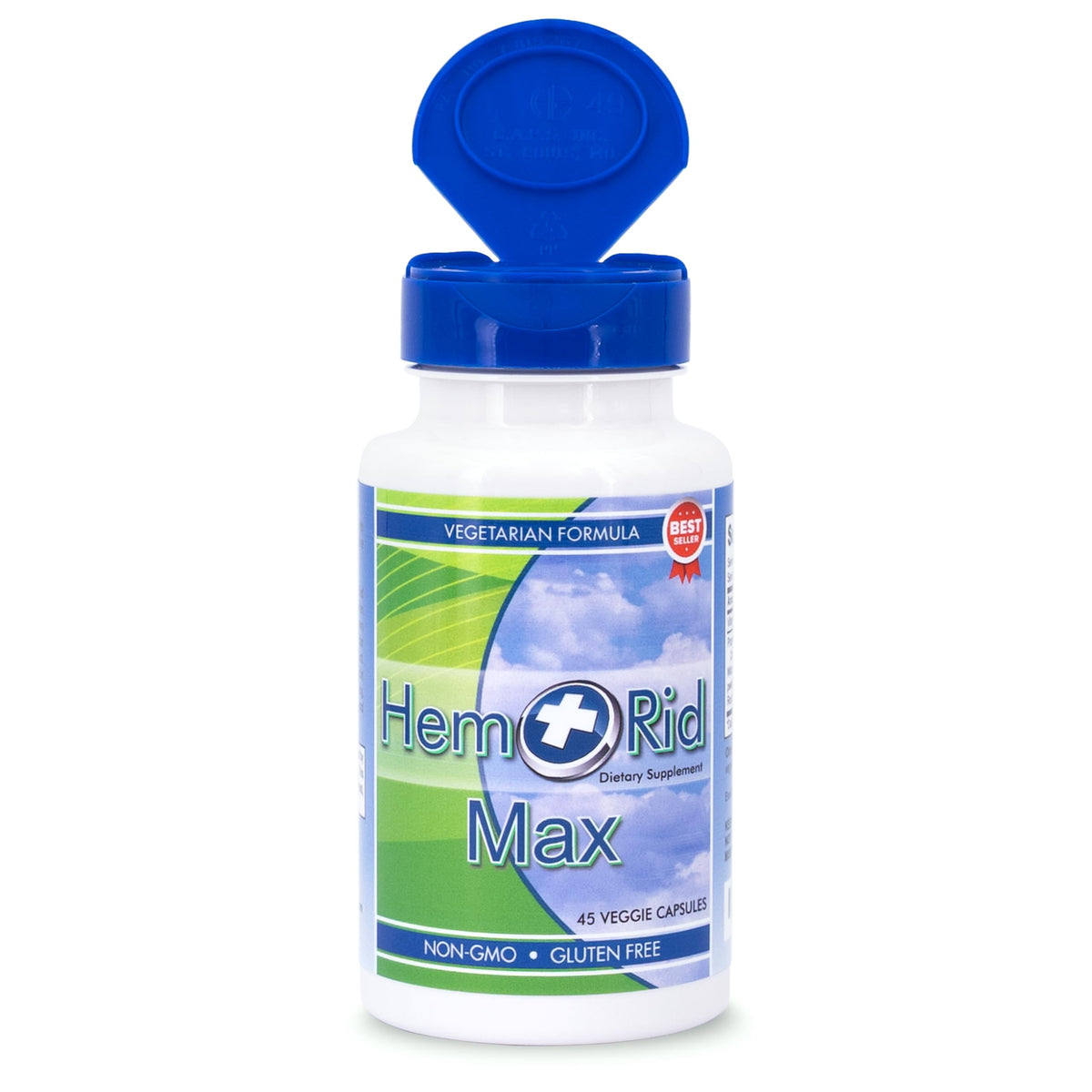 HemRid Max vegetarian capsules bottle showcasing the fast acting formula.