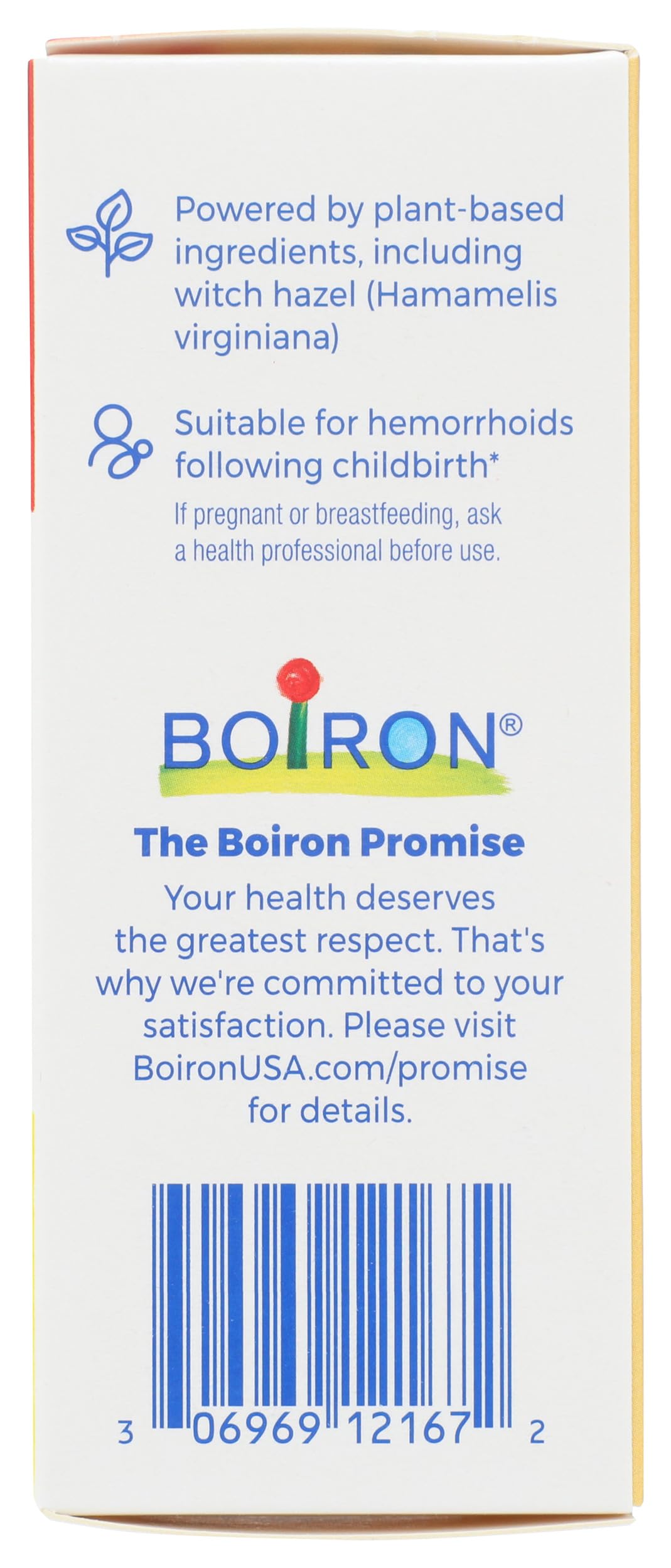 Boiron HemCalm pack displaying clean label certification and postpartum safety details.