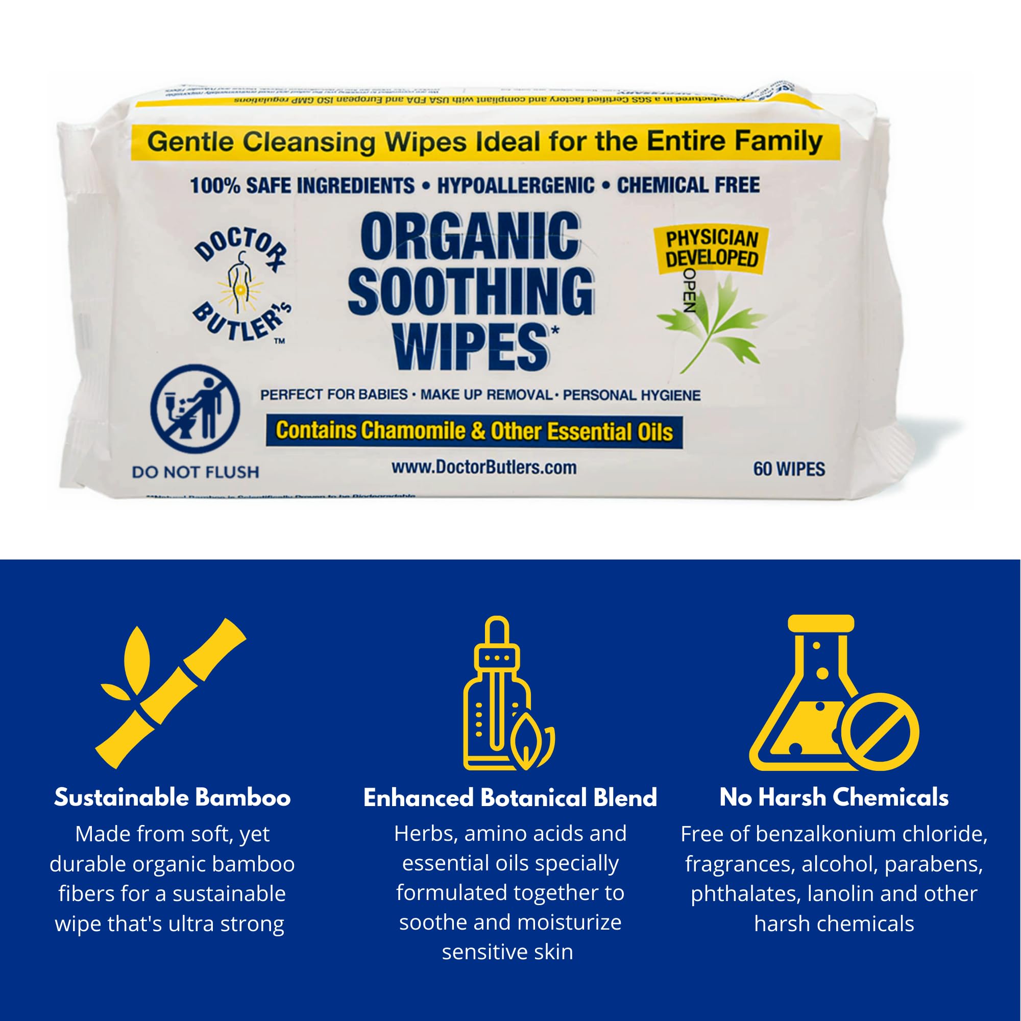 Doctor Butler's organic bamboo wet wipes pack showing physician developed certification