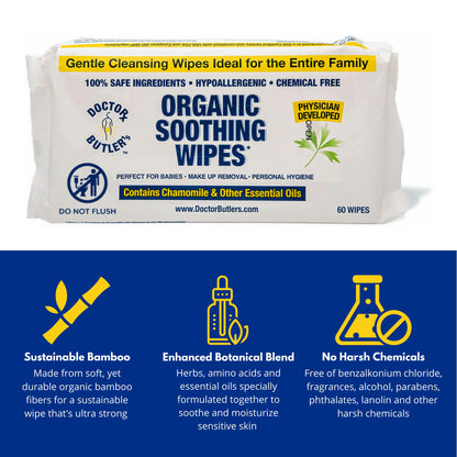Doctor Butler's organic bamboo wet wipes pack showing physician developed certification