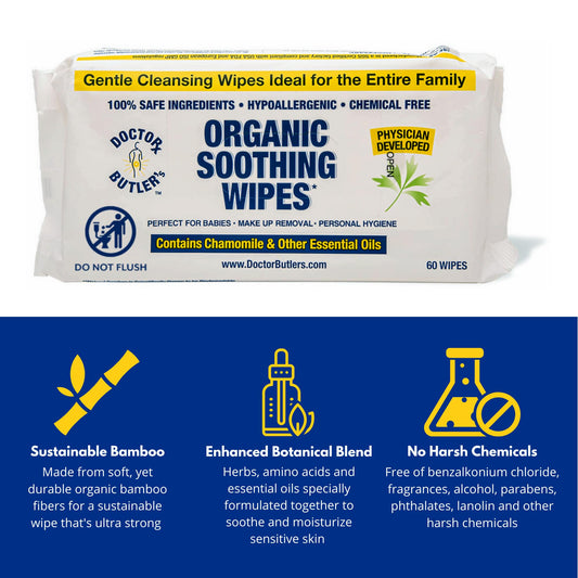 Doctor Butler's organic bamboo wet wipes pack showing physician developed certification