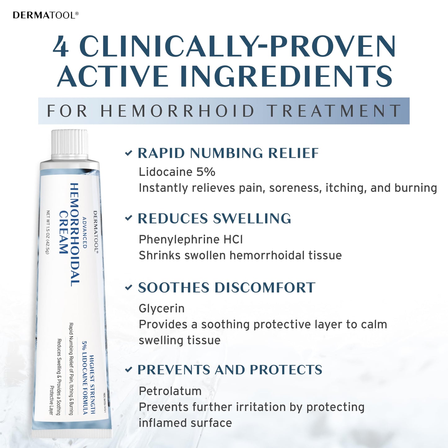 Dermatool anorectal treatment tube displaying active ingredients for rapid pain and swelling relief.