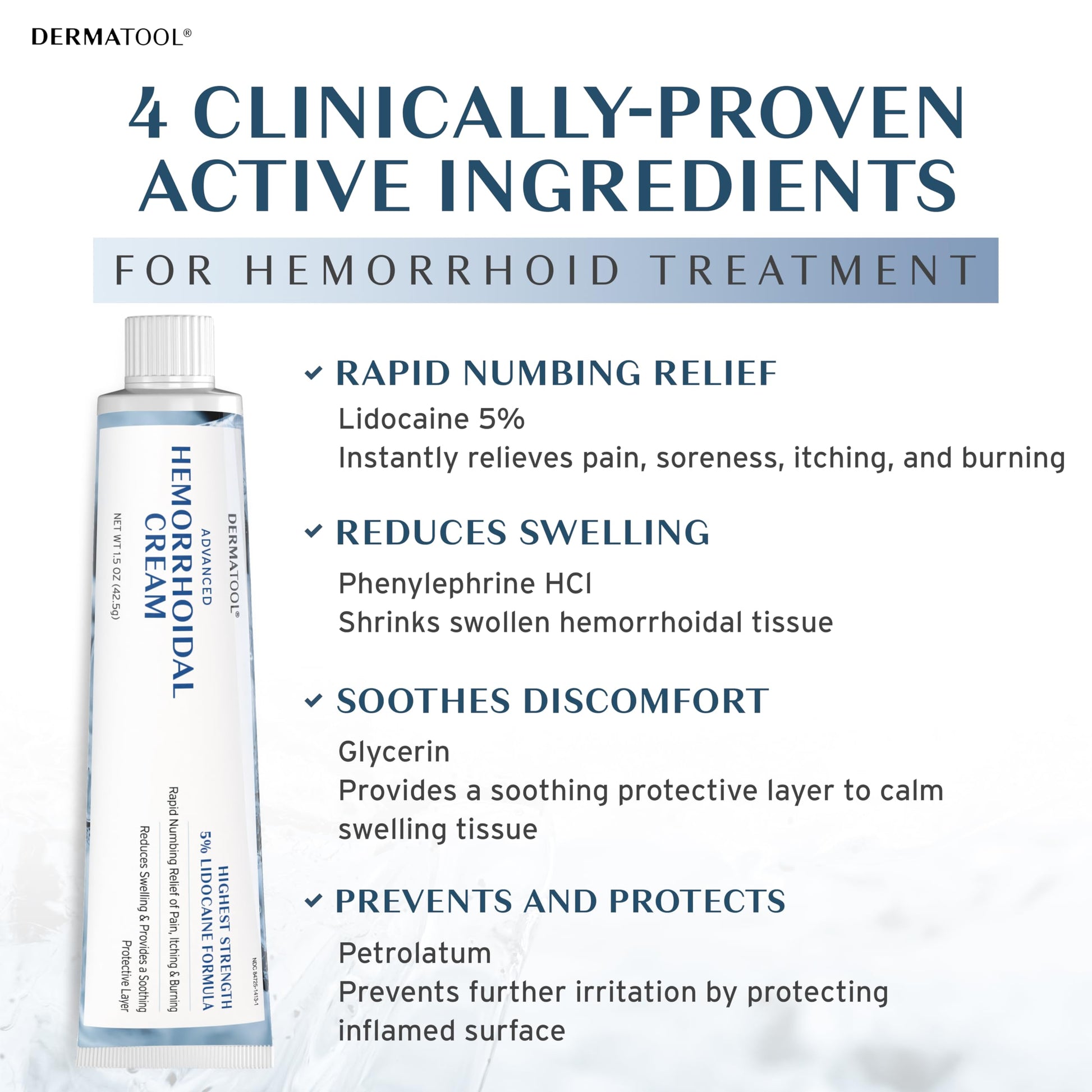 Dermatool anorectal treatment tube displaying active ingredients for rapid pain and swelling relief.