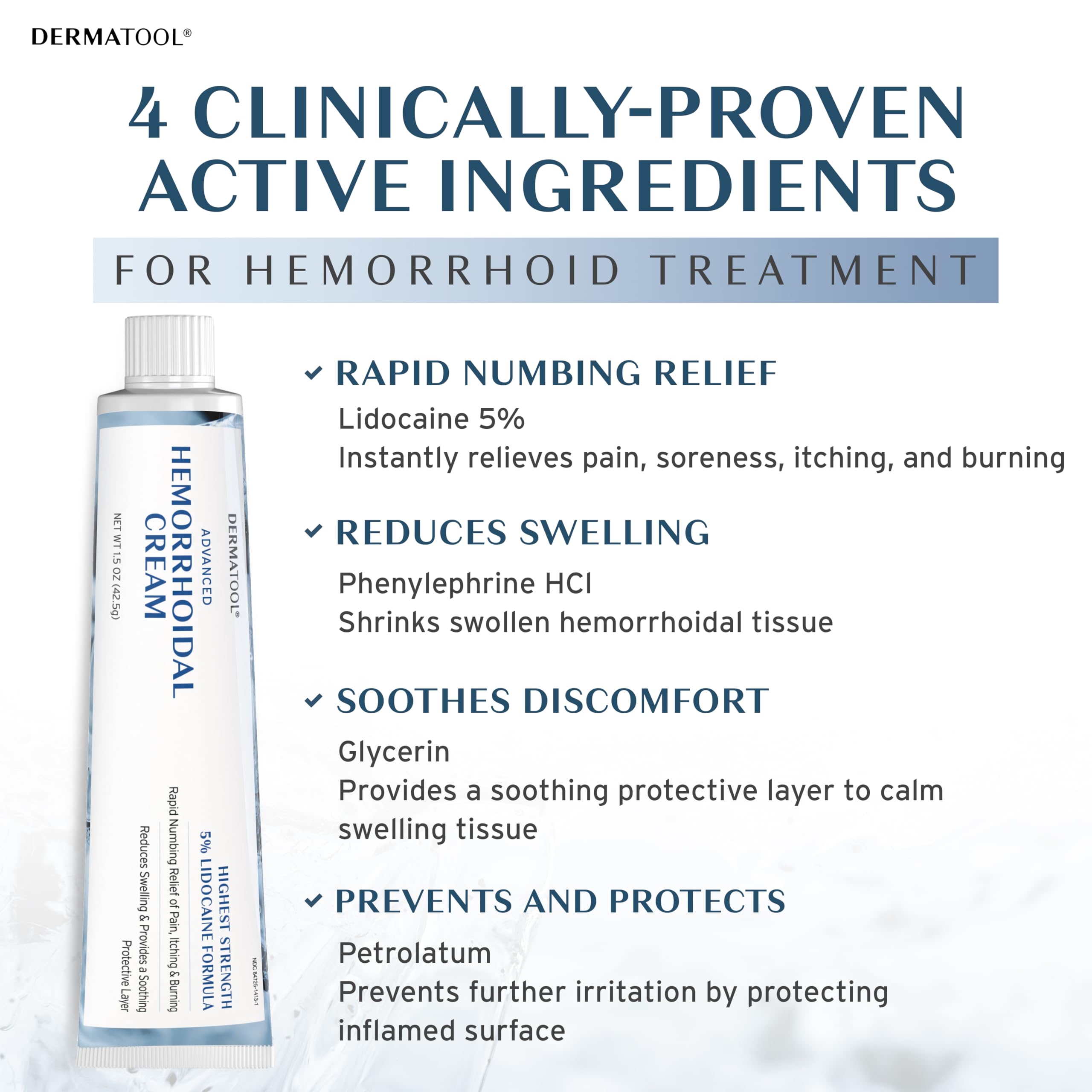 Dermatool anorectal treatment tube displaying active ingredients for rapid pain and swelling relief.