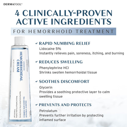 Dermatool anorectal treatment tube displaying active ingredients for rapid pain and swelling relief.