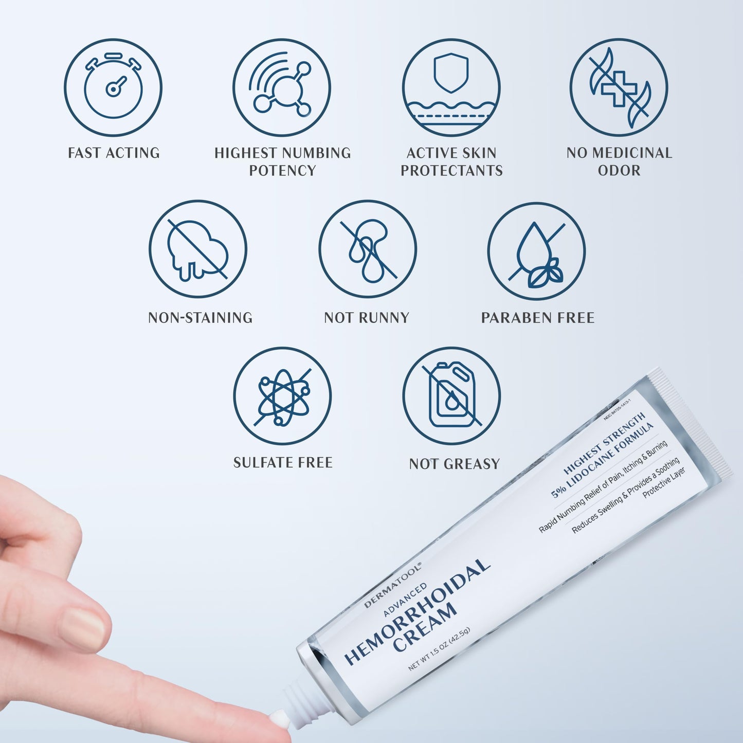 Dermatool 1.5 ounce hemorrhoid shrinking ointment tube highlighting the dual action numbing formula.