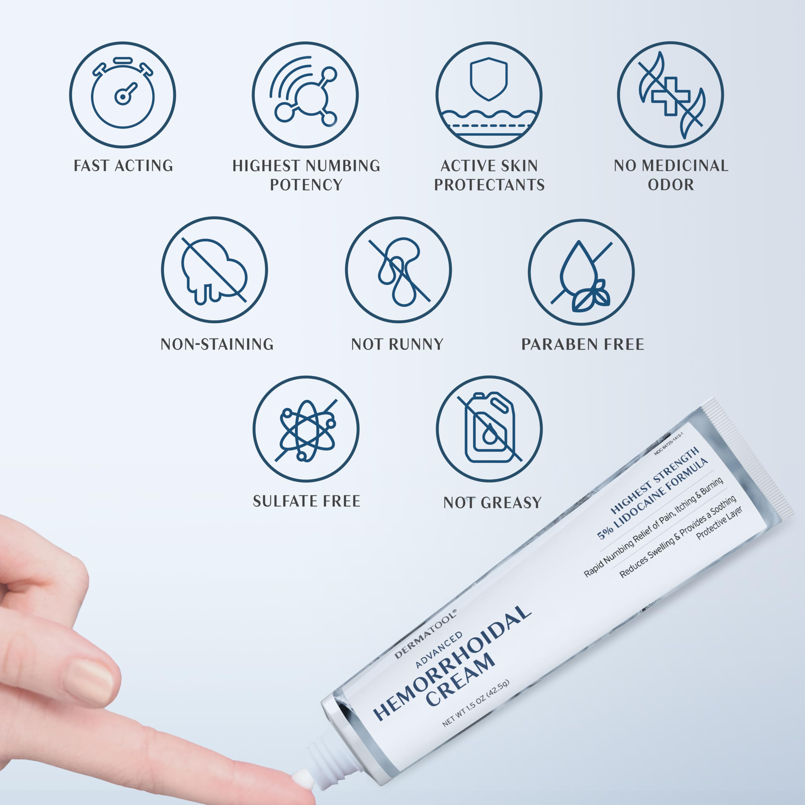 Dermatool 1.5 ounce hemorrhoid shrinking ointment tube highlighting the dual action numbing formula.