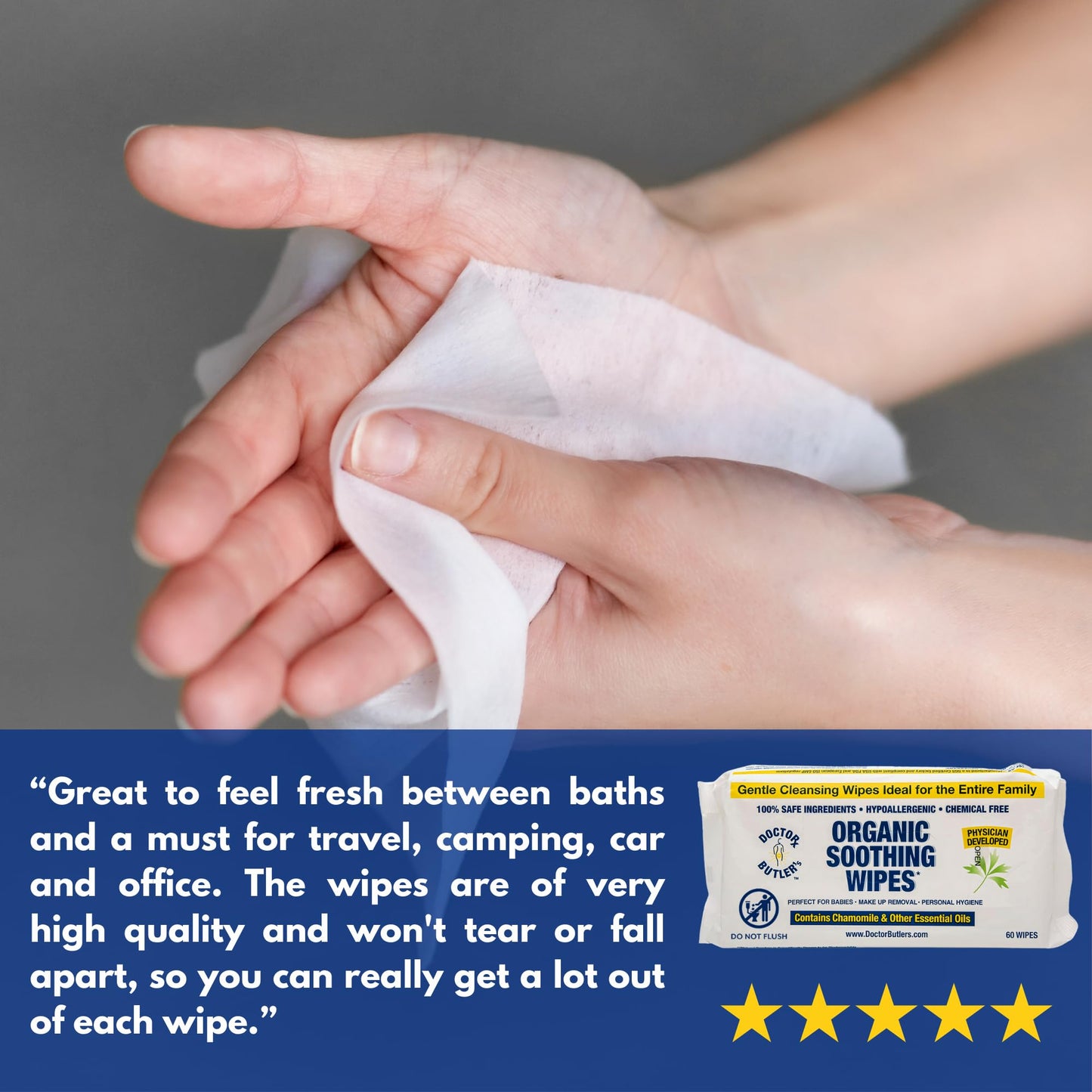 Doctor Butler's biodegradable face wipes showing the secure resealable moisture seal