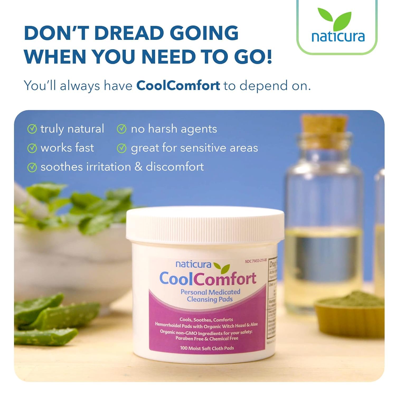 Naticura personal medicated wipes jar showing organic witch hazel and aloe vera benefits