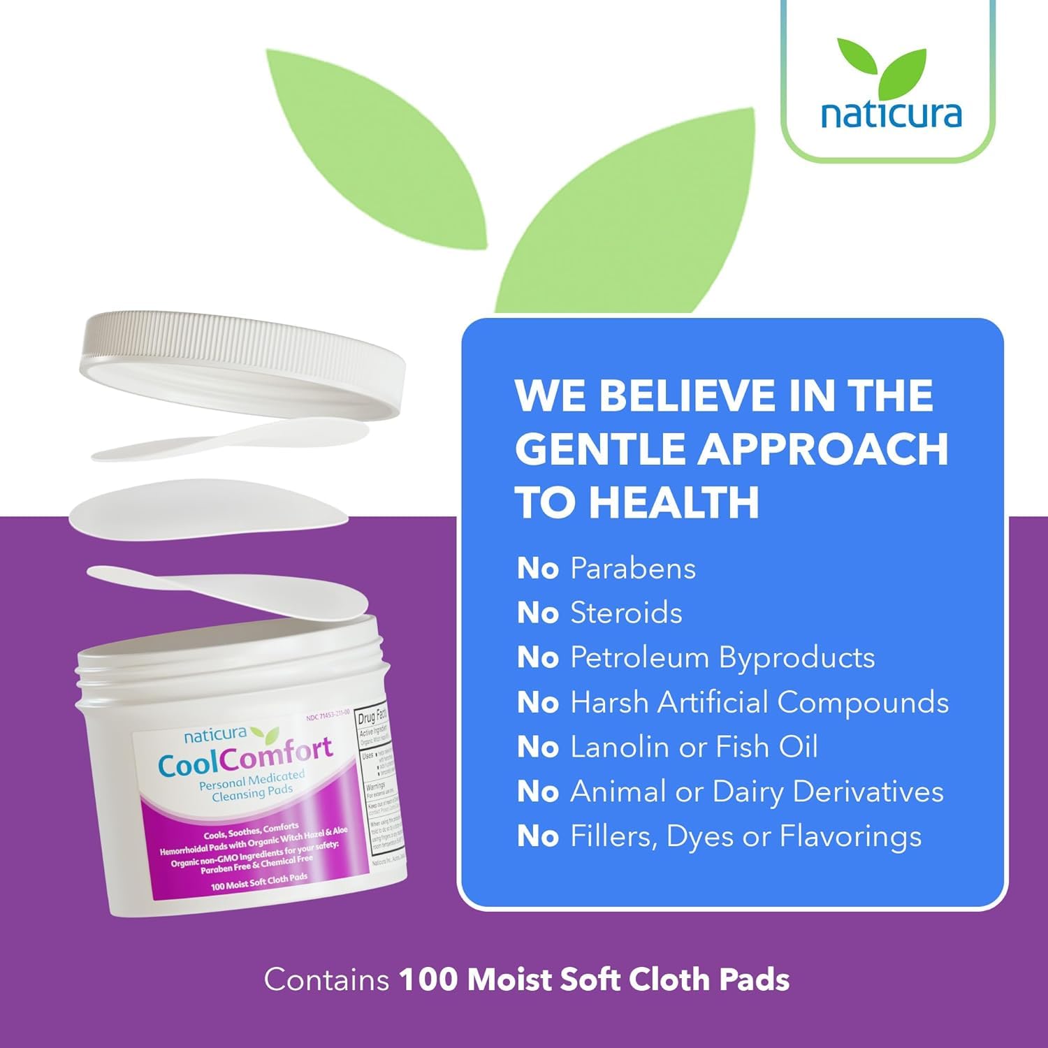 Natural organic ingredients list on the side of Naticura cleansing pads packaging