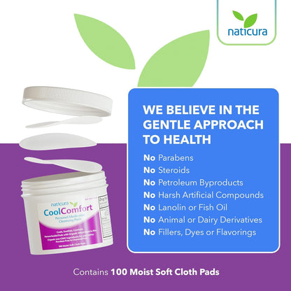 Natural organic ingredients list on the side of Naticura cleansing pads packaging
