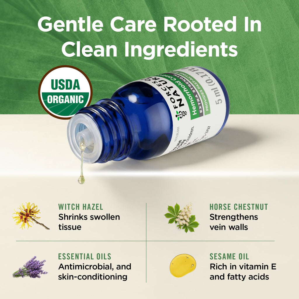 Forces of Nature extra strength hemorrhoid care liquid packaging showing certified organic seal