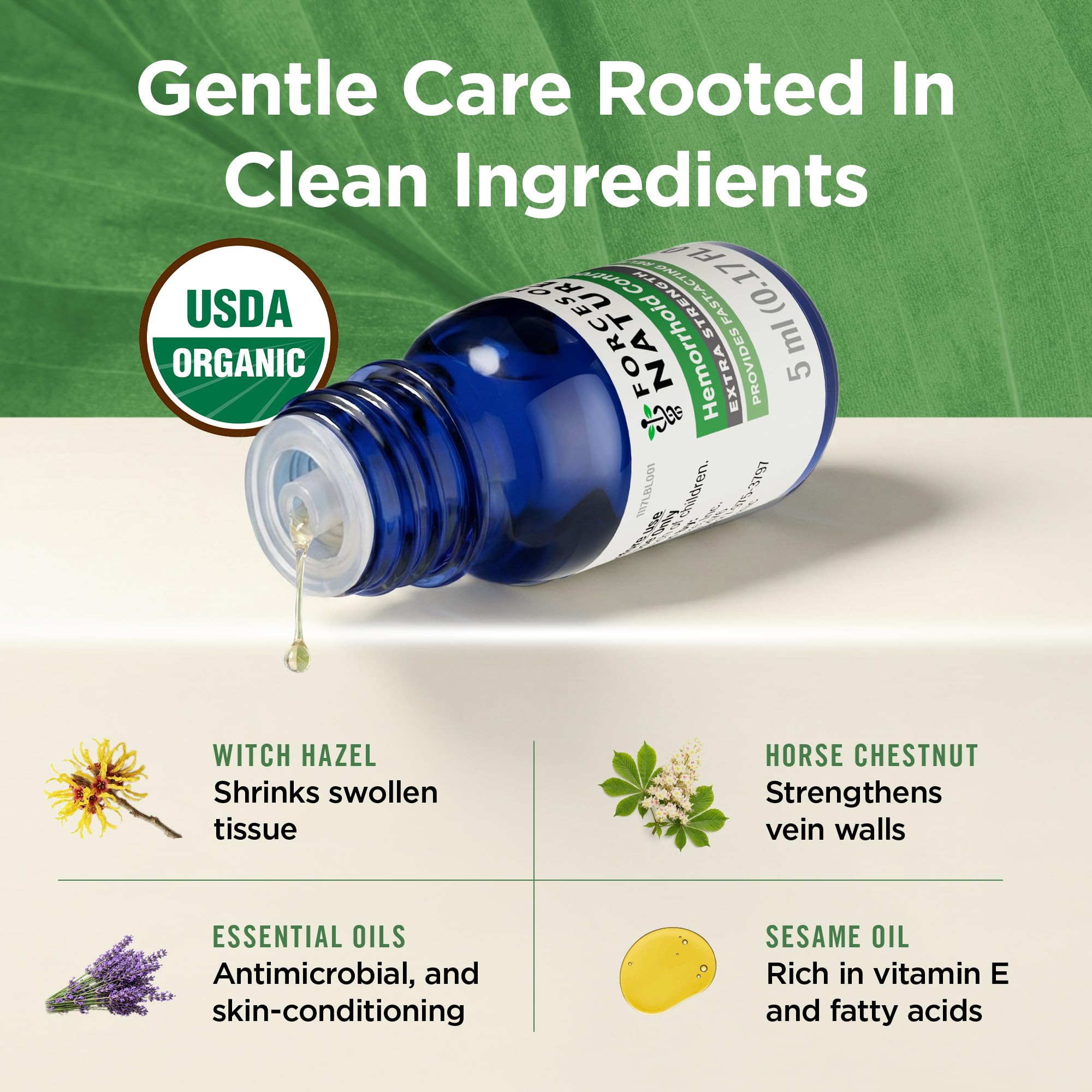 Forces of Nature extra strength hemorrhoid care liquid packaging showing certified organic seal