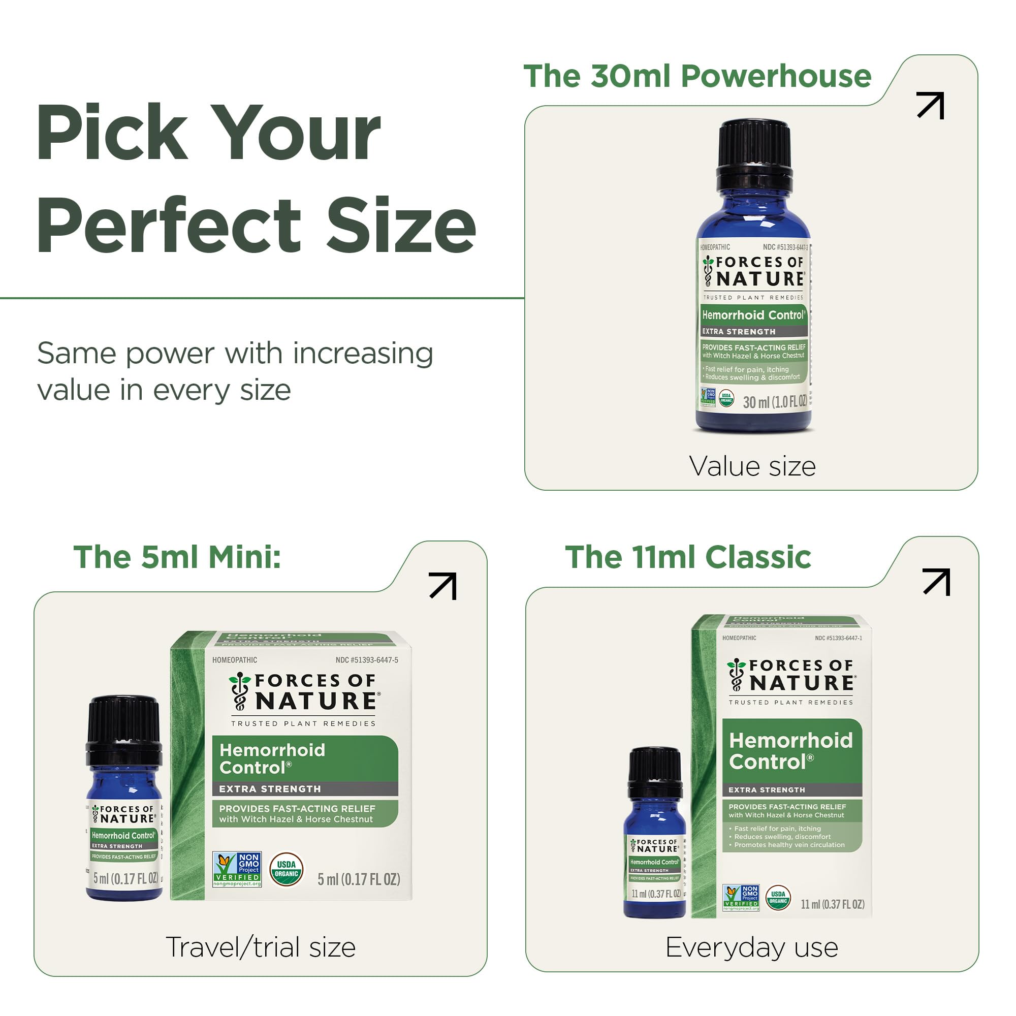 Forces of Nature witch hazel and horse chestnut hemorrhoid relief formula ingredient label
