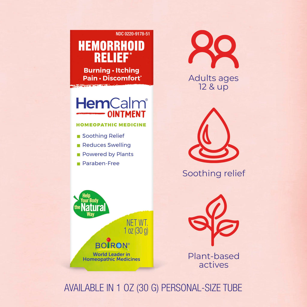 Back label of Boiron HemCalm 1 Ounce tube detailing homeopathic drug facts.