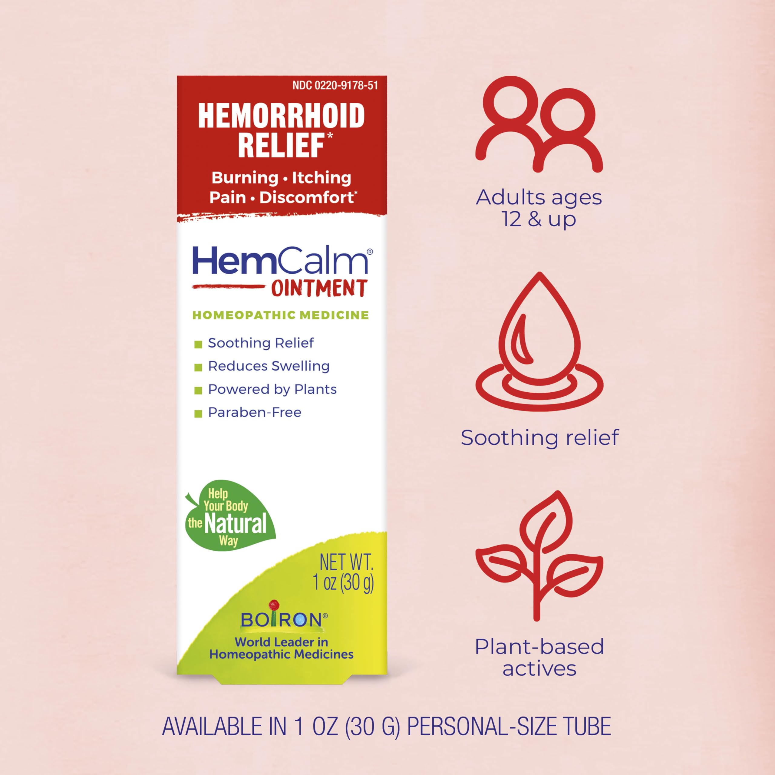 Back label of Boiron HemCalm 1 Ounce tube detailing homeopathic drug facts.