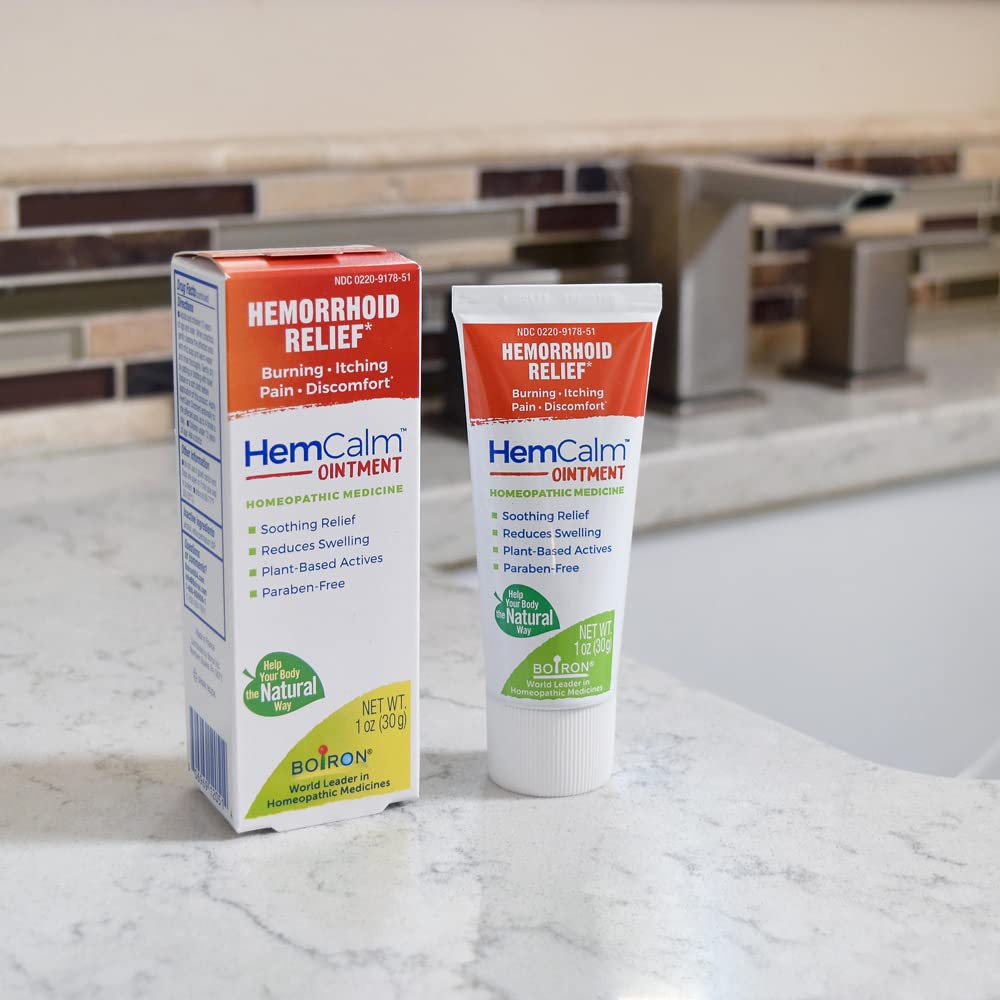 Boiron HemCalm Ointment 1 Ounce container showing application directions.