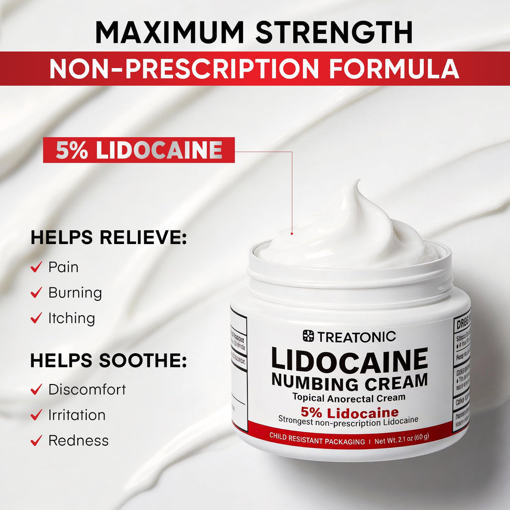 Health One 2.1 ounce lidocaine cream close up showing fast acting formulation info