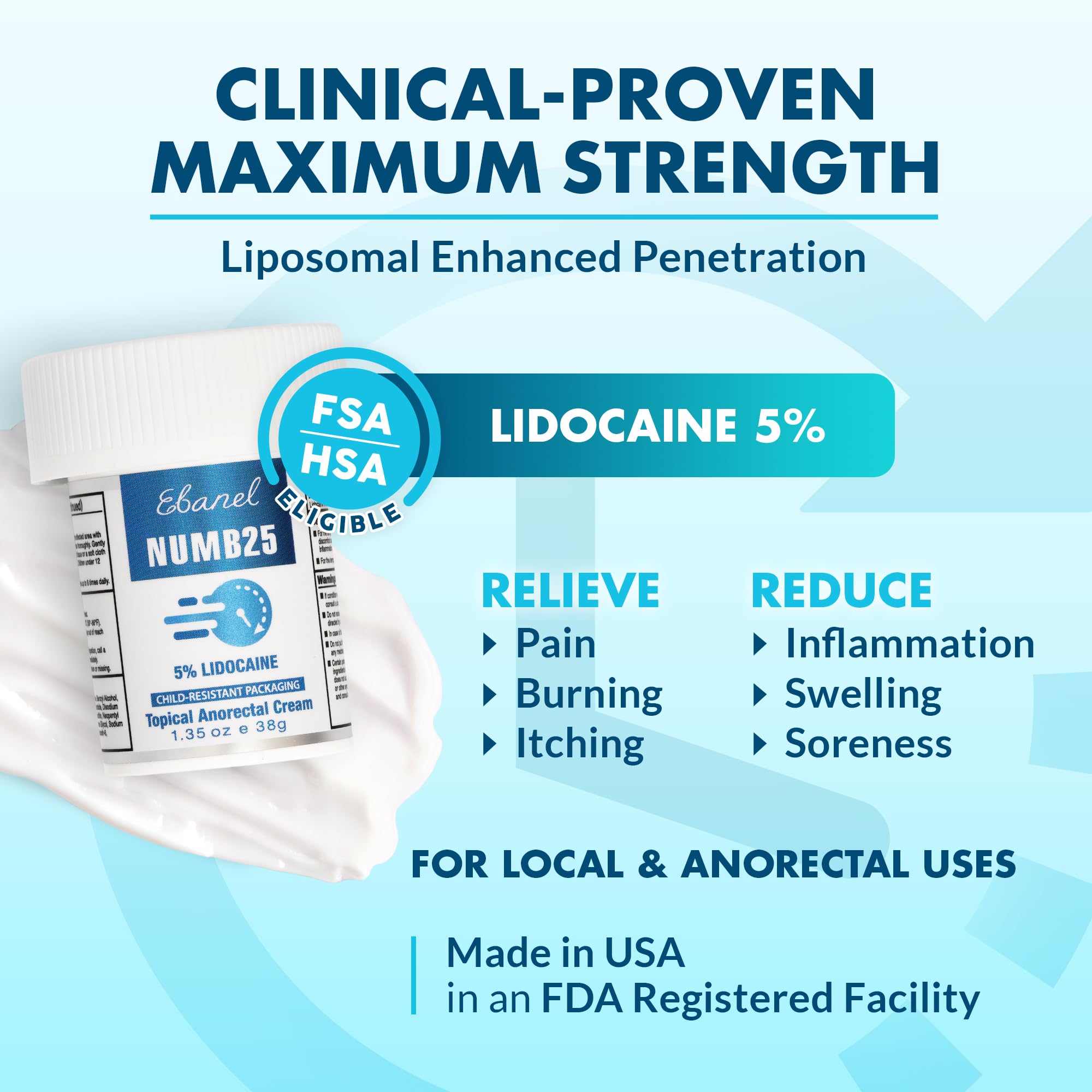Ebanel Numb25 topical anesthetic cream back label showing active lidocaine ingredients list