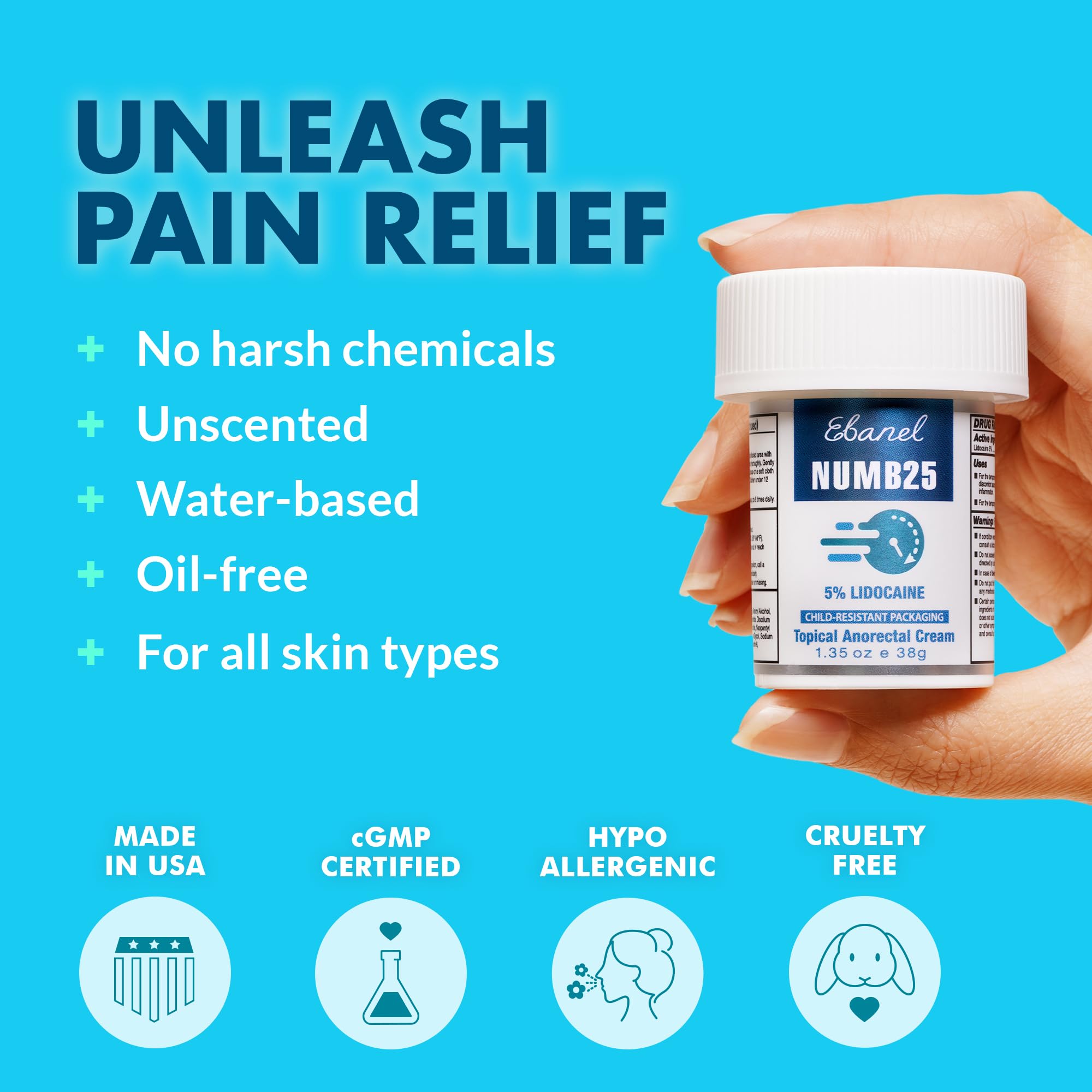 Ebanel local anesthetic cream box packaging highlighting vitamin e and allantoin benefits