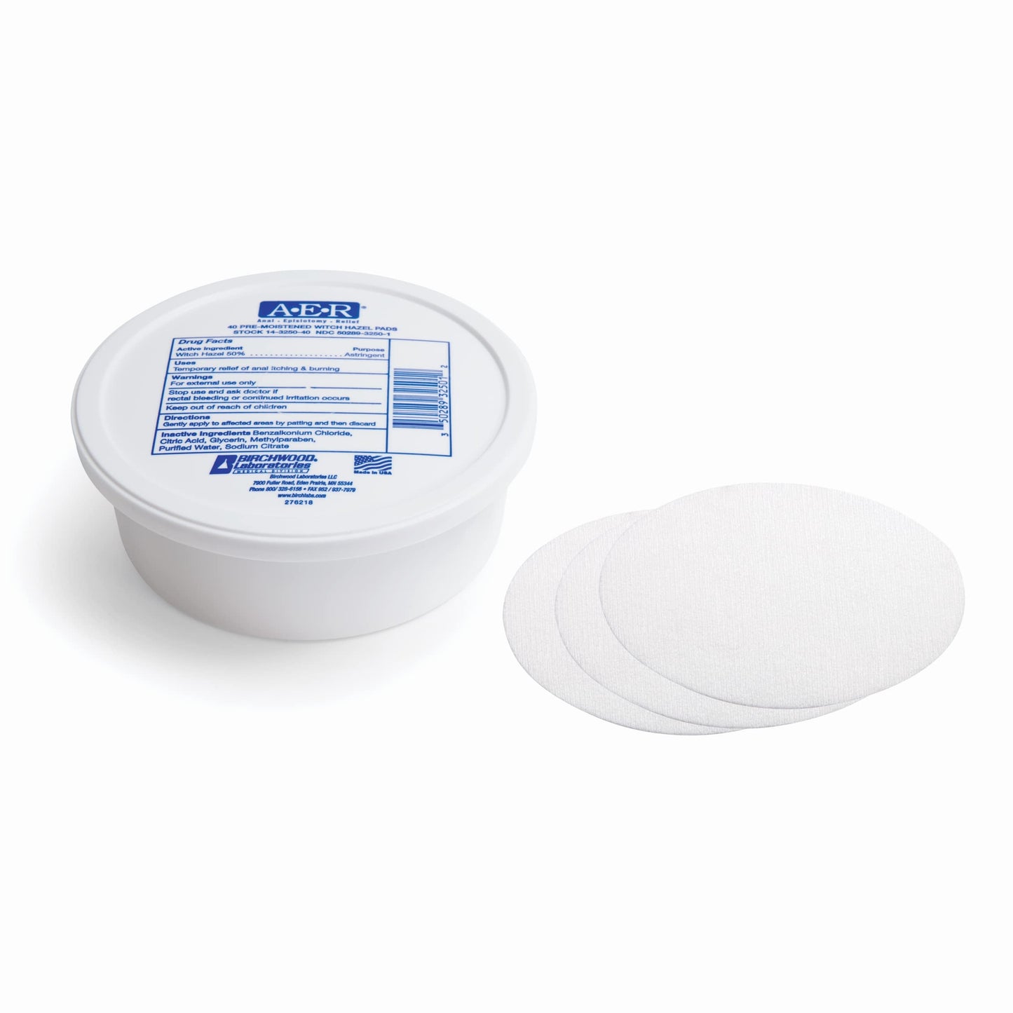 Authentic Birchwood Laboratories postpartum and hemorrhoid cooling pads container with product details.