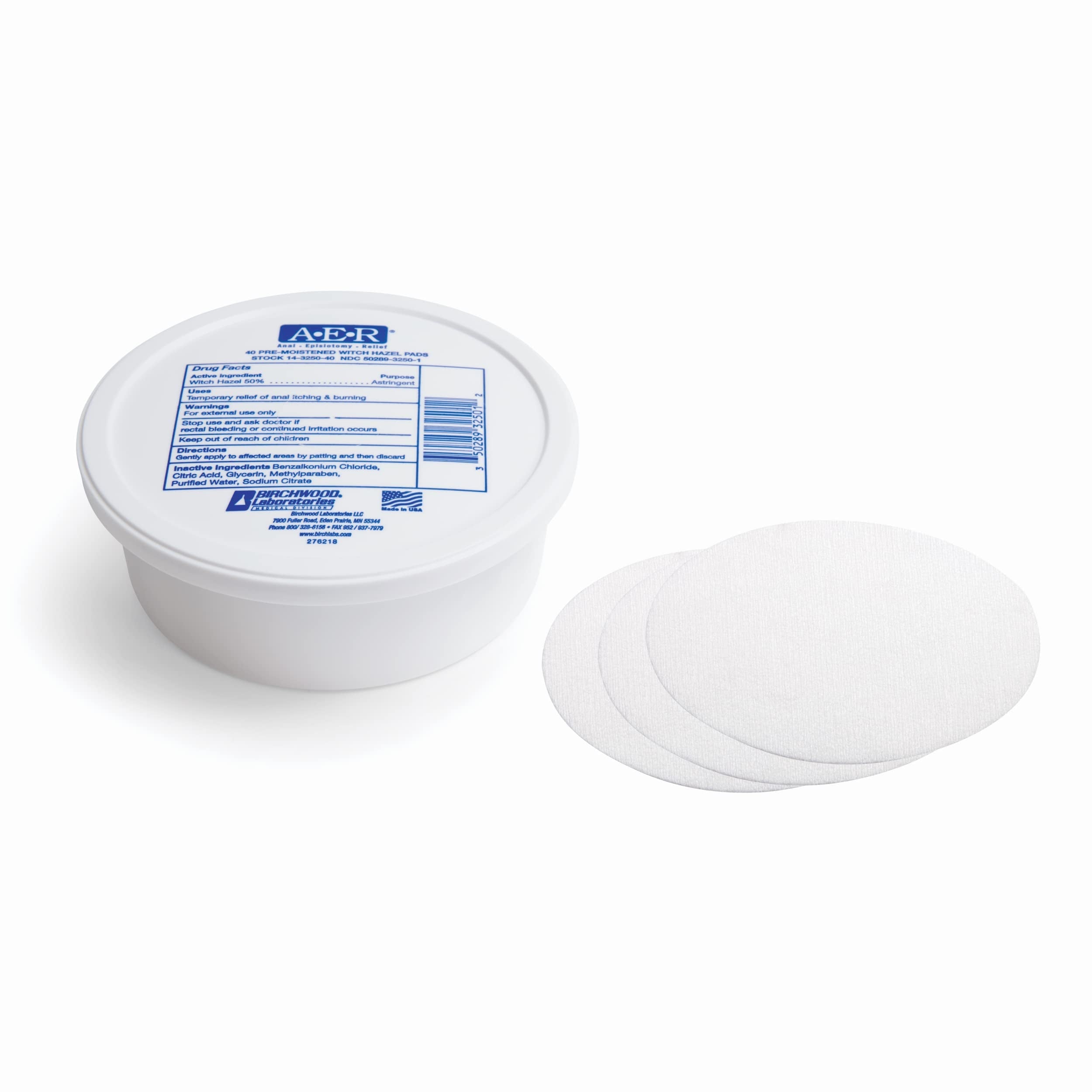 Authentic Birchwood Laboratories postpartum and hemorrhoid cooling pads container with product details.