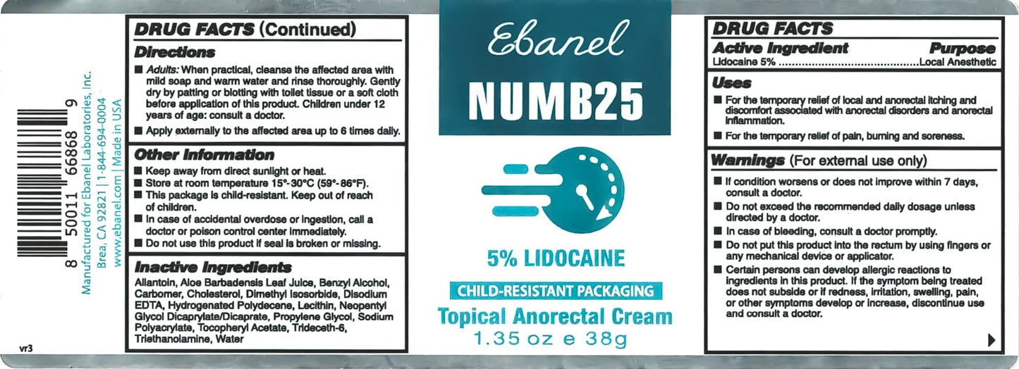 Ebanel 5 percent lidocaine cream alongside its protective outer packaging box