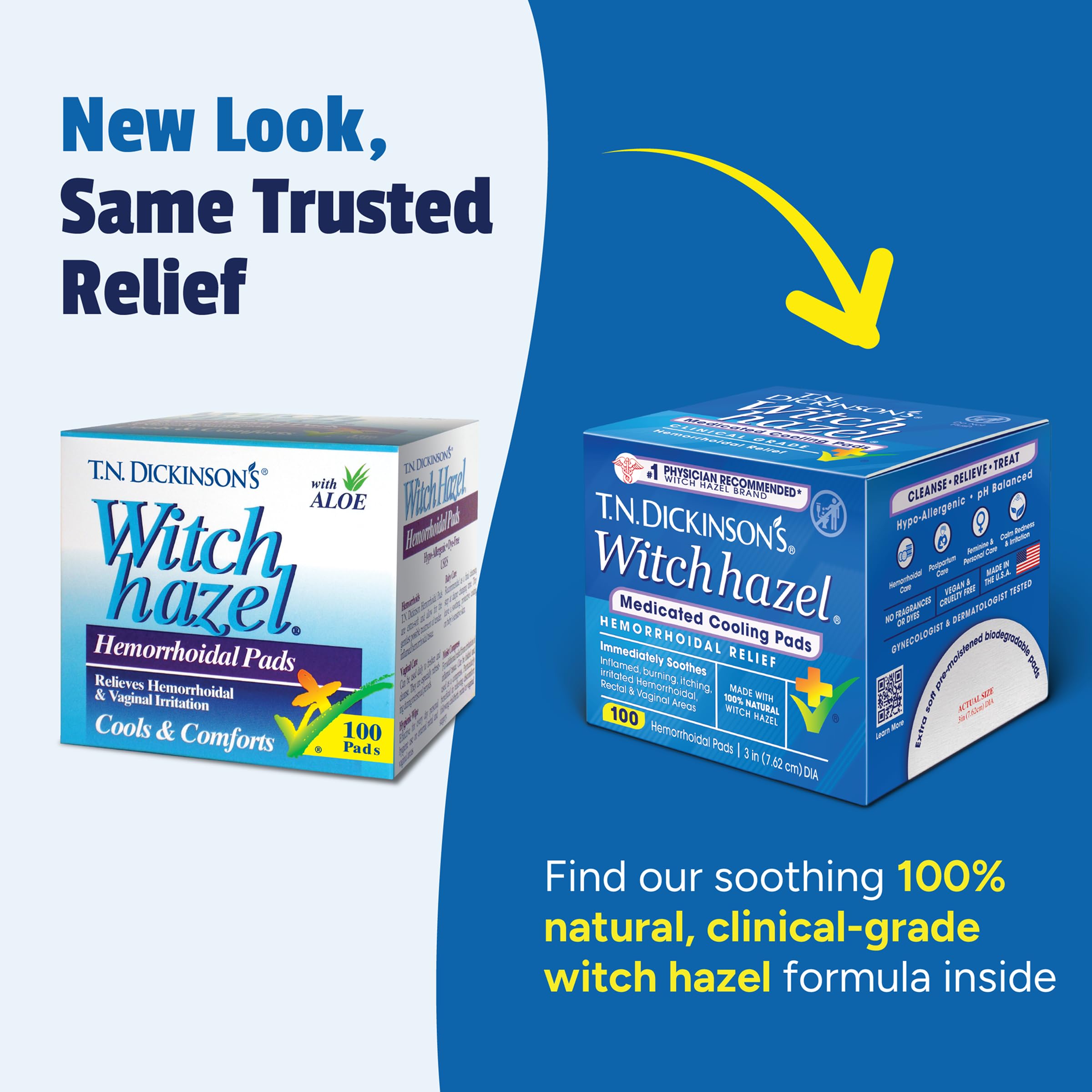 Authentic imported T.N. Dickinson's witch hazel pads open tub showing pre-moistened rounds