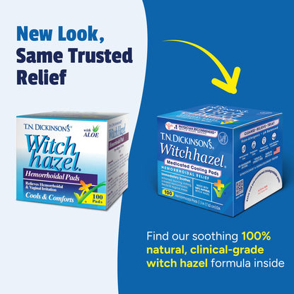 Authentic imported T.N. Dickinson's witch hazel pads open tub showing pre-moistened rounds