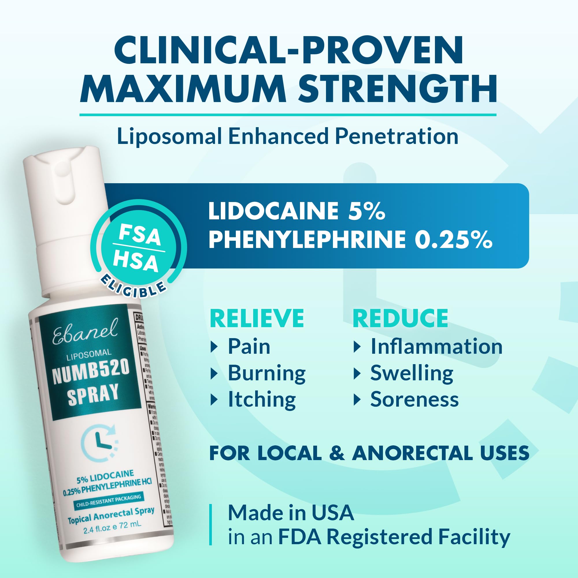 Ebanel Numb520 numbing spray packaging showing active ingredients lidocaine and phenylephrine