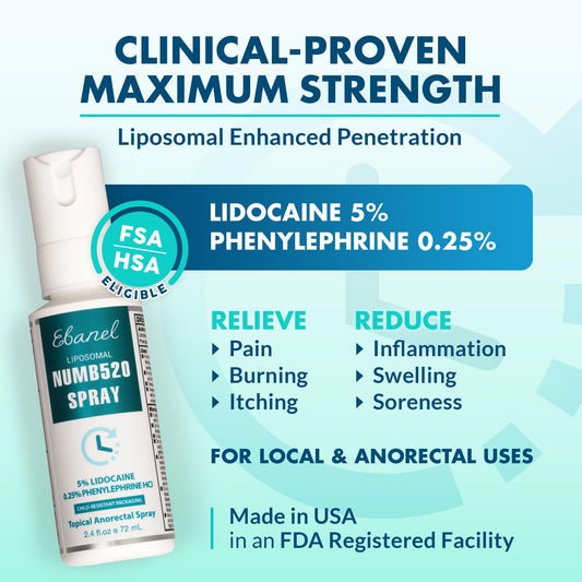 Ebanel Numb520 numbing spray packaging showing active ingredients lidocaine and phenylephrine