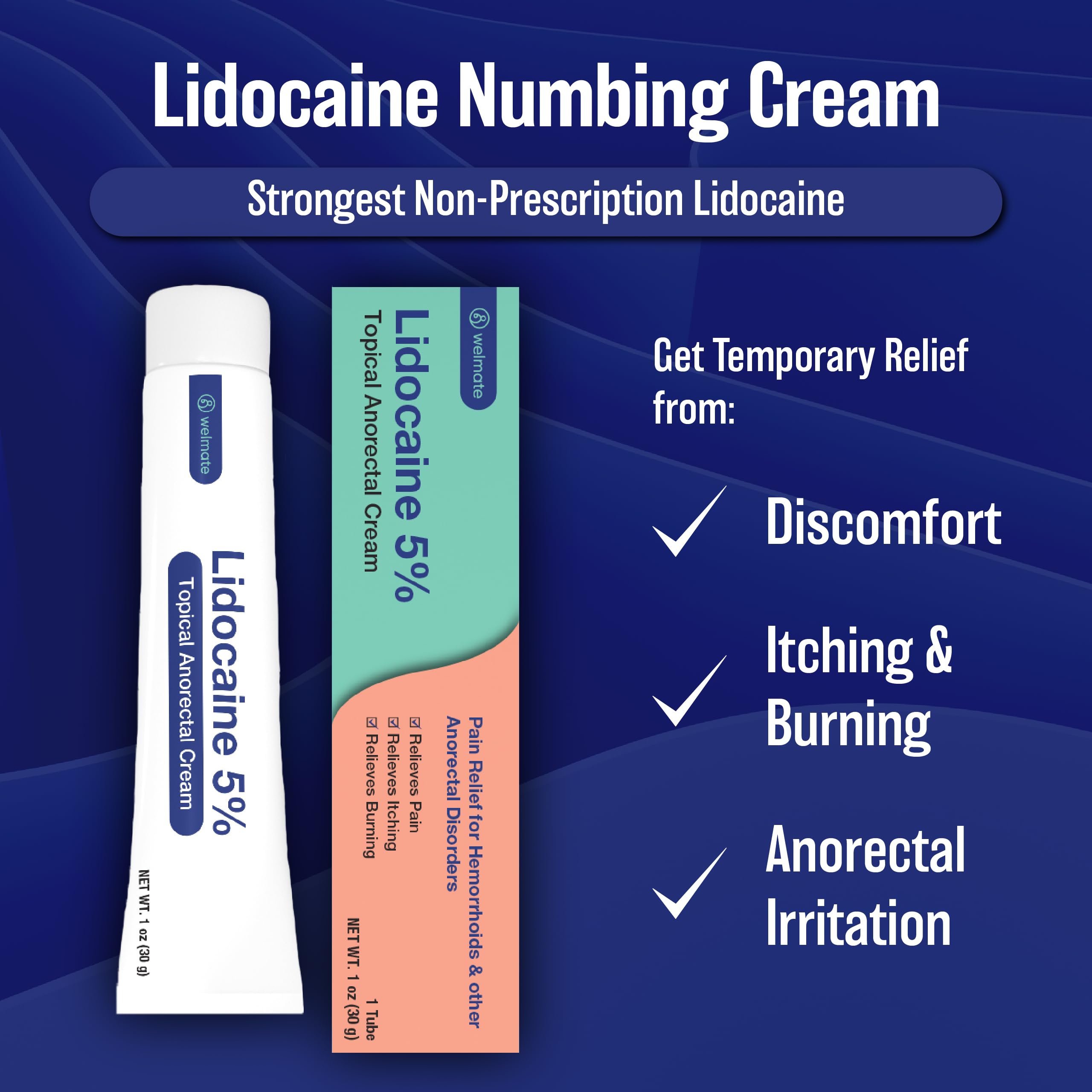 Welmate maximum strength topical numbing cream packaging showing child resistant cap details.