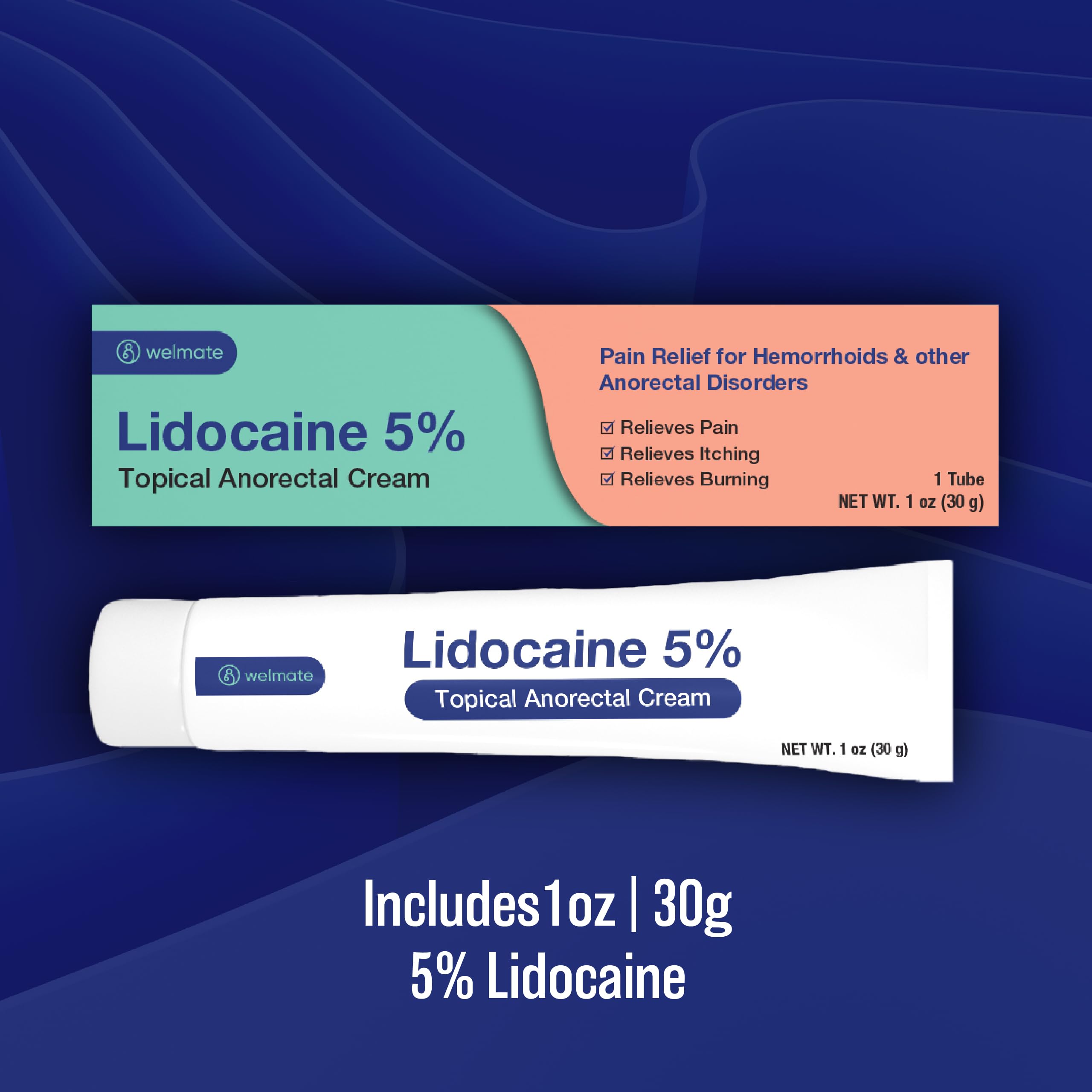 Back label of Welmate anorectal cream detailing five percent lidocaine active ingredient and usage instructions.