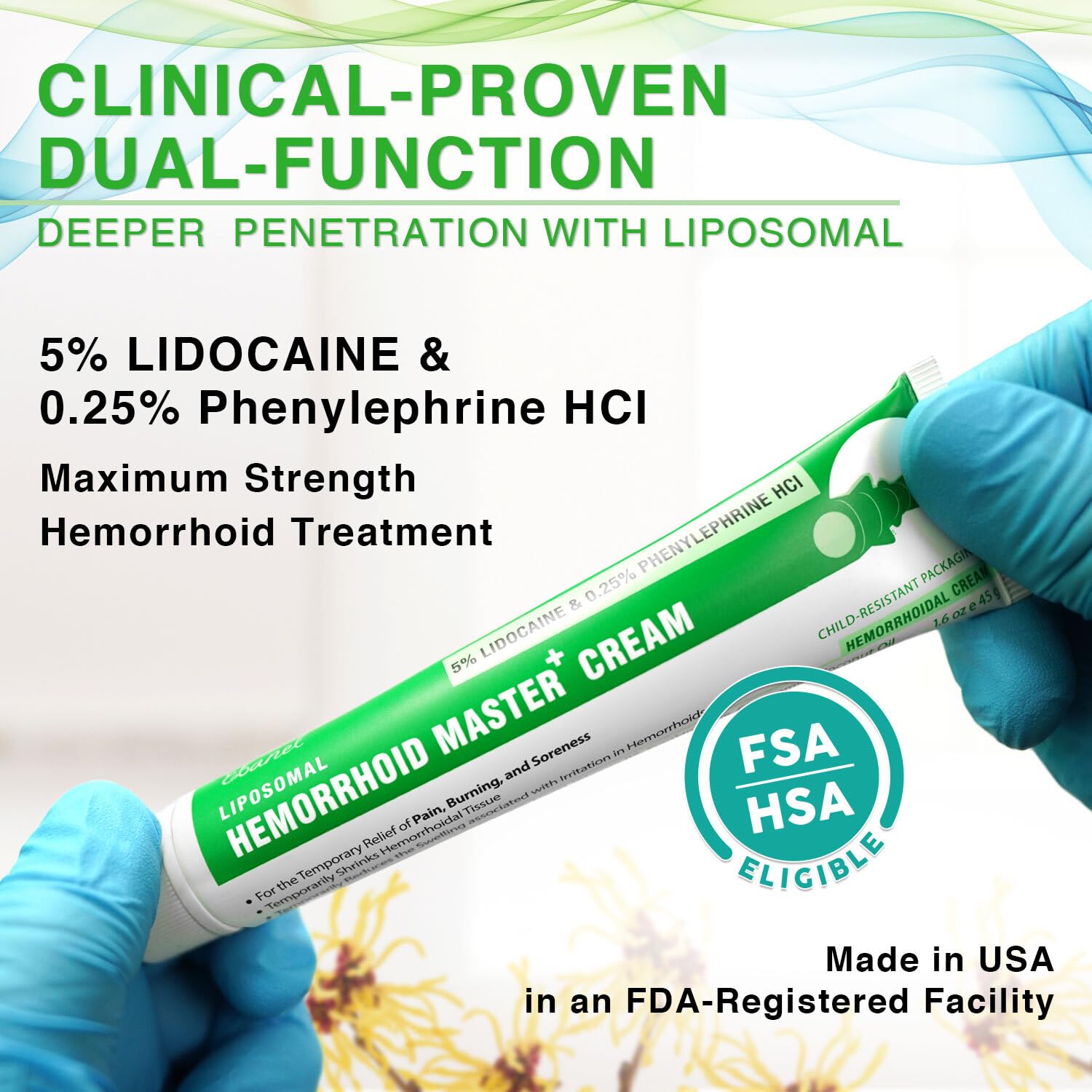 Ebanel Hemorrhoid Master Cream packaging showing maximum strength lidocaine and phenylephrine active ingredients.