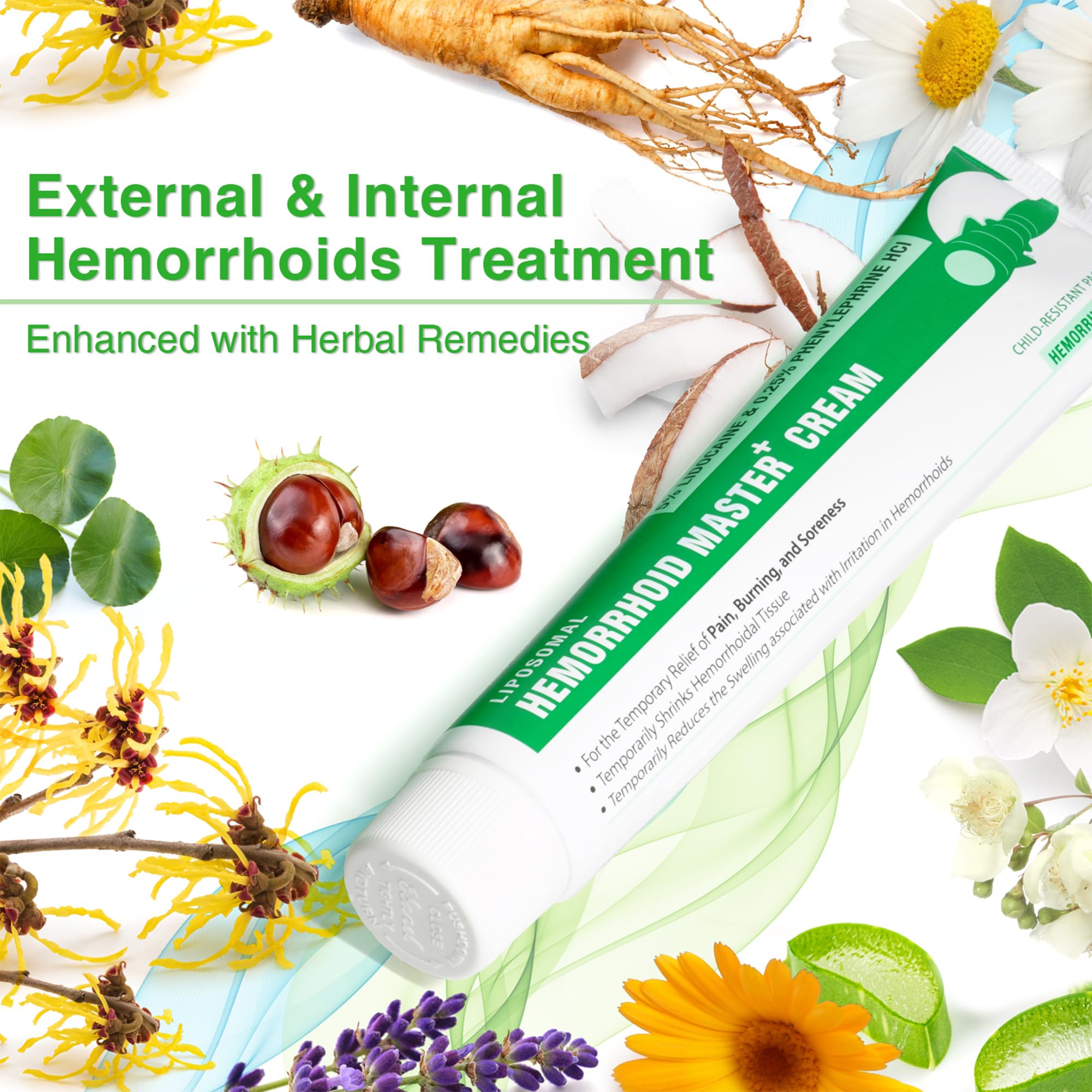 Ebanel anal cream for external and internal hemorrhoids relief with included applicator components.