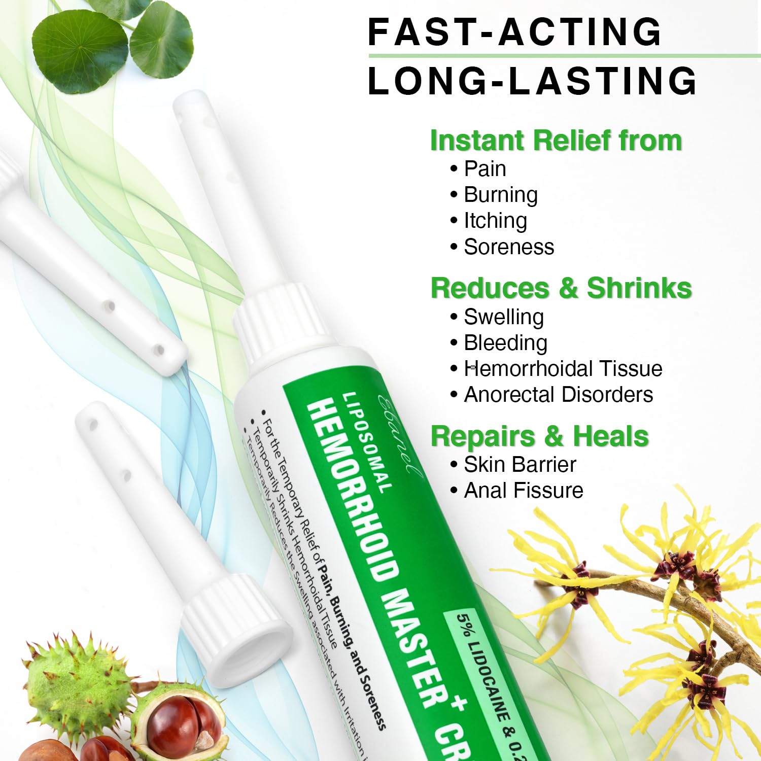 Side view of Ebanel numbing cream detailing witch hazel and horse chestnut botanical extracts.