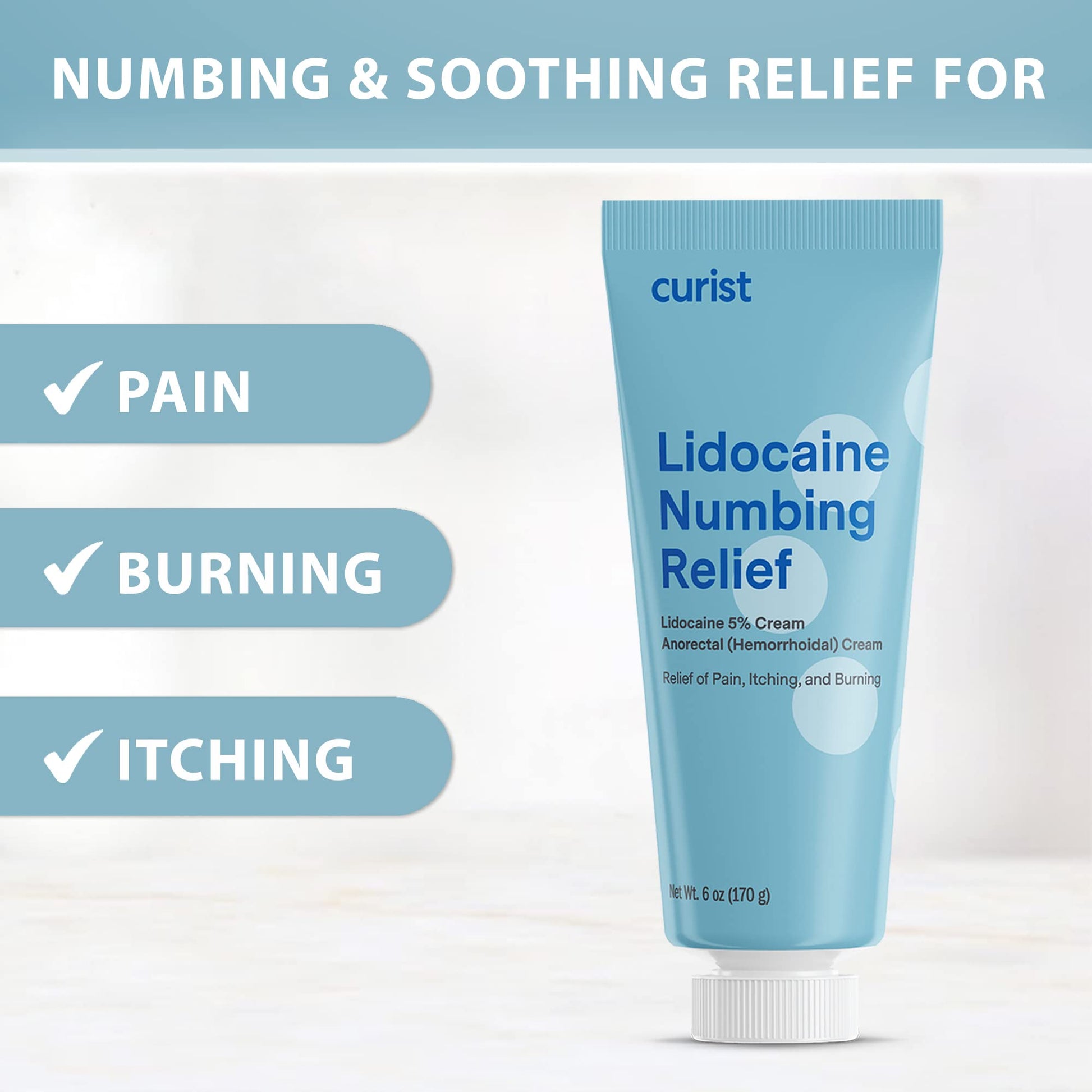 Curist six ounce large tube next to its retail box highlighting maximum strength hemorrhoid pain relief.
