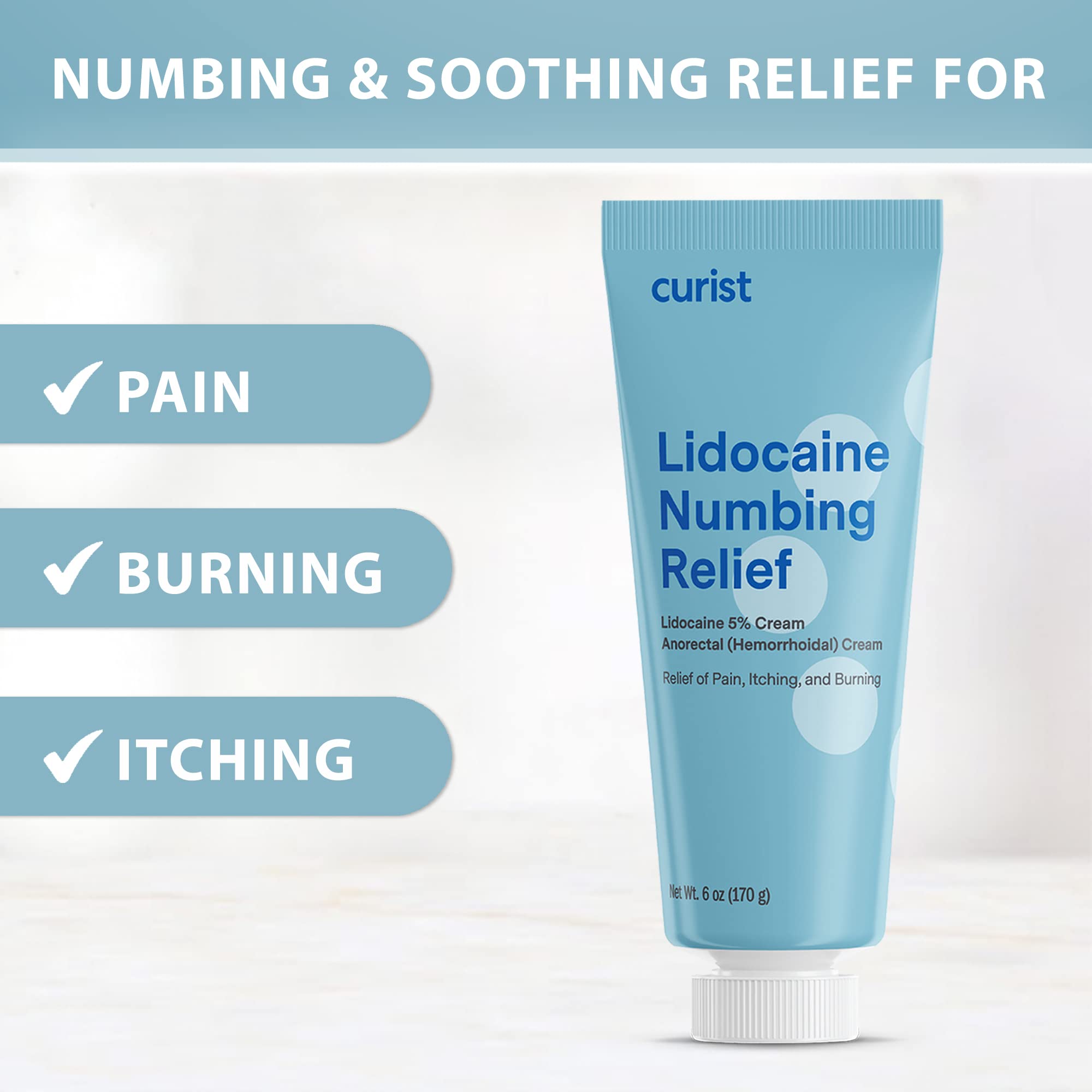 Curist six ounce large tube next to its retail box highlighting maximum strength hemorrhoid pain relief.