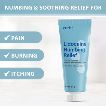 Curist six ounce large tube next to its retail box highlighting maximum strength hemorrhoid pain relief.