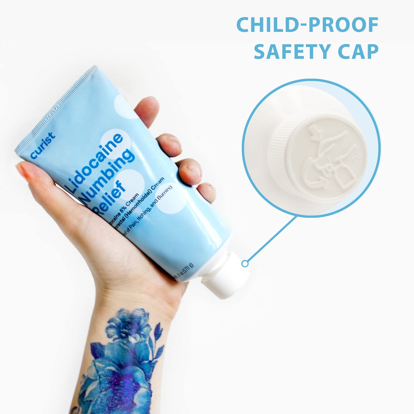 Curist premium imported skin numbing cream tube angled view demonstrating the secure flip cap design.