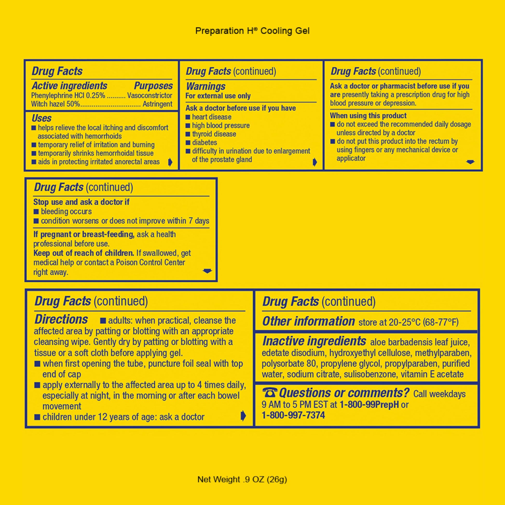 Preparation H cooling gel active ingredients and drug facts label