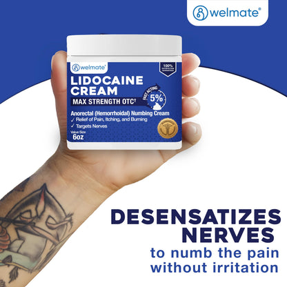 Topical analgesic lidocaine cream by WELMATE for anorectal pain relief highlighting the non greasy formulation text