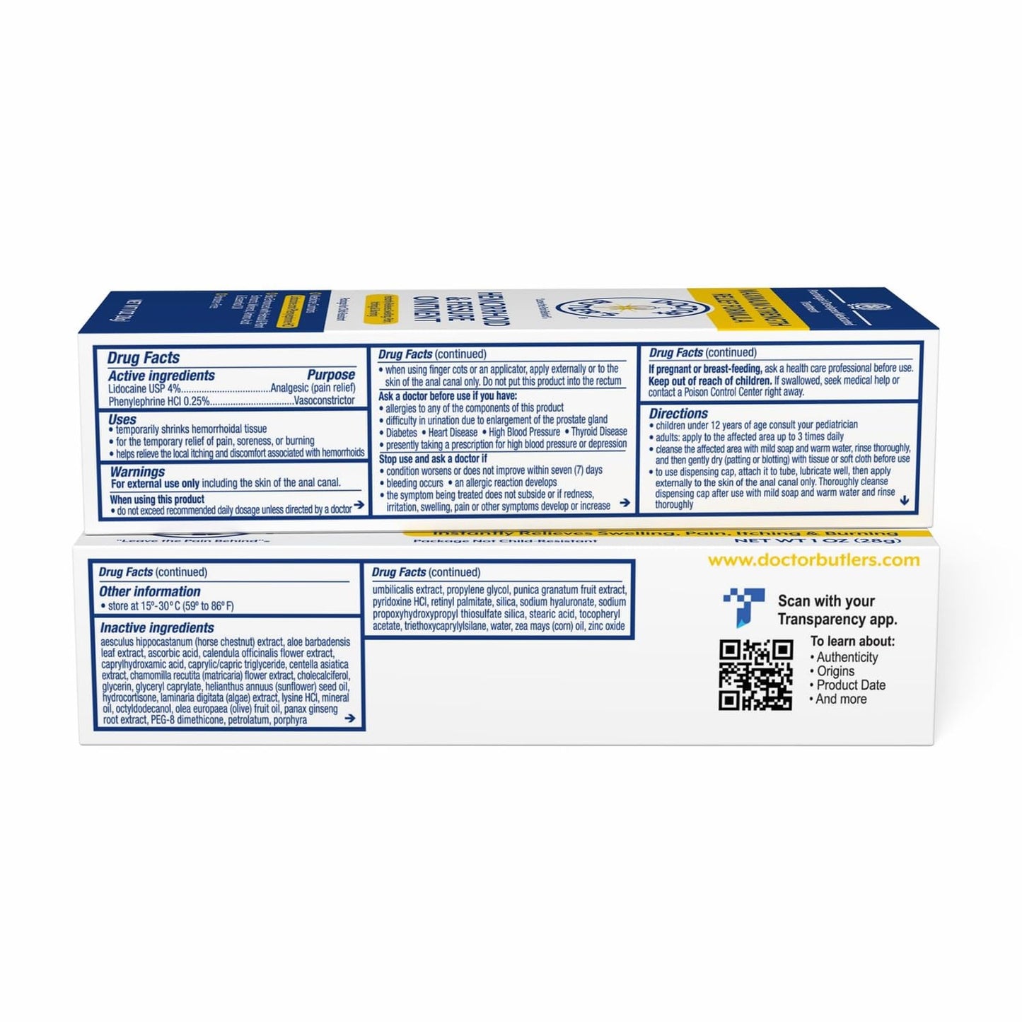 Authentic Doctor Butler's packaging highlighting lidocaine and phenylephrine components