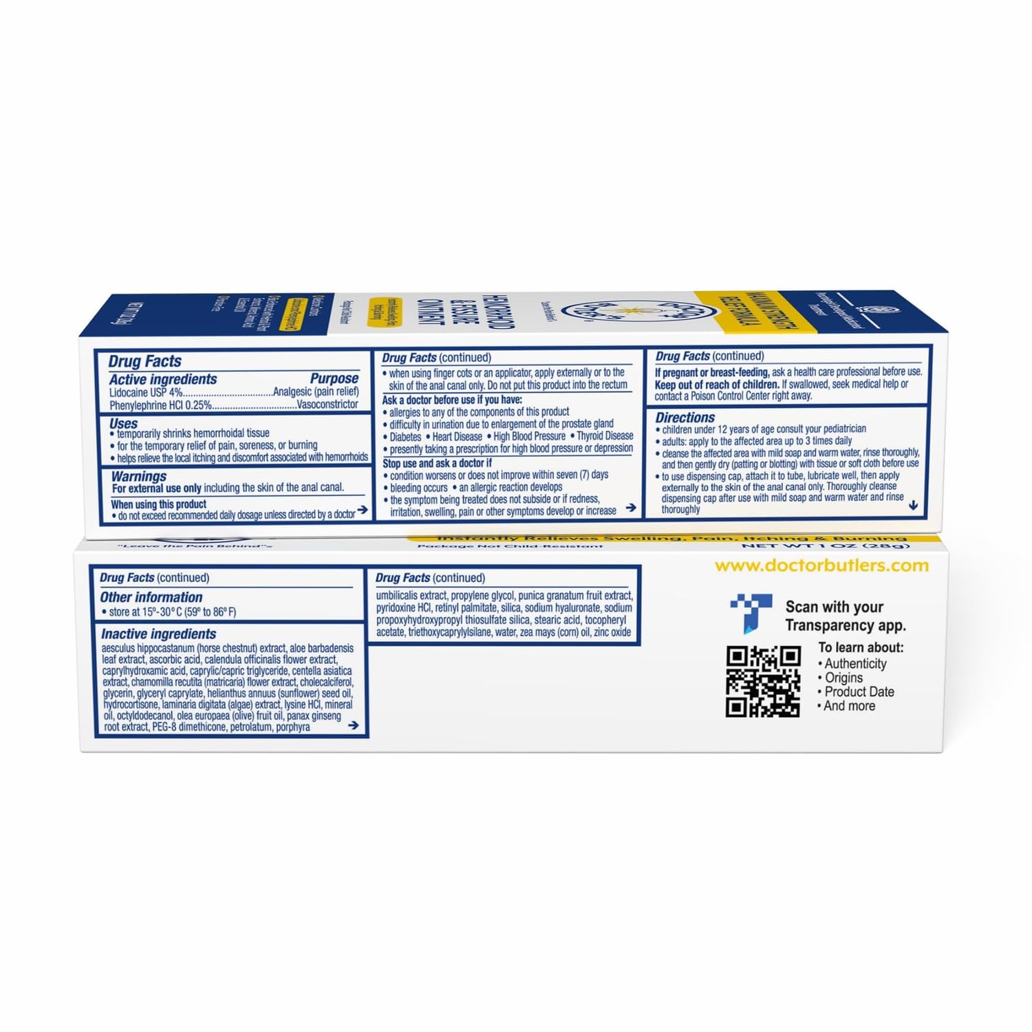 Authentic Doctor Butler's packaging highlighting lidocaine and phenylephrine components